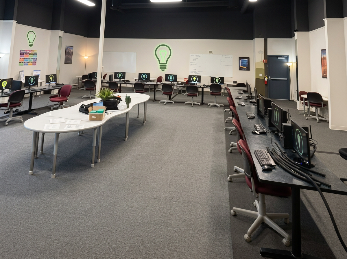 The Lumos Learning Lab: workstations, open tables, and wall maps