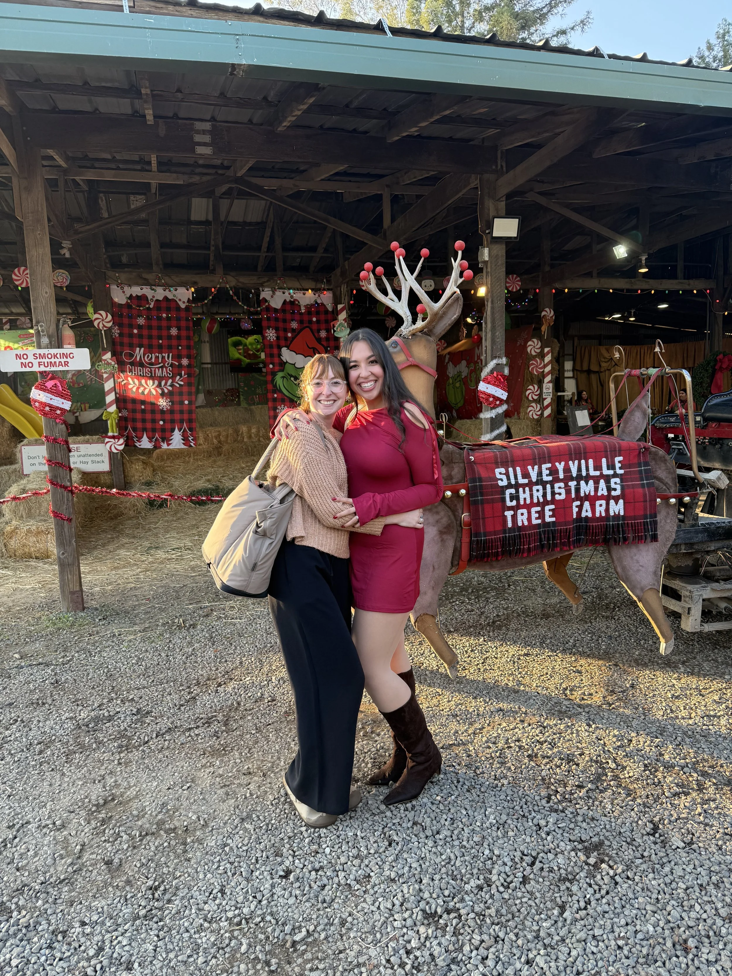 Two women hugging in front of a decorated Christmas display at a Dixon Christmas tree farm, with a reindeer figure and festive banners reading 'Merry Christmas.'