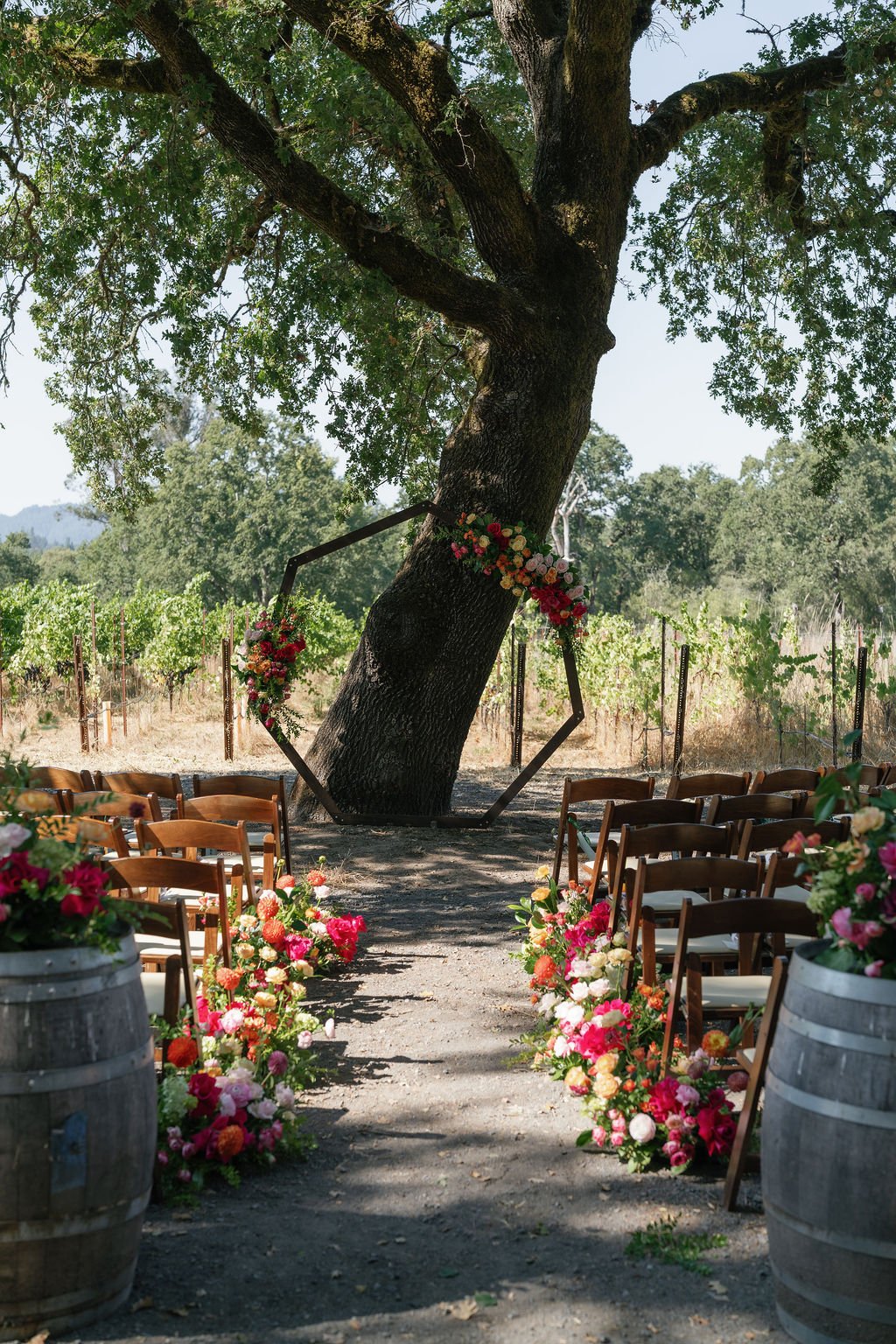 A wedding ceremony setup outdoors in Russian River, California, under a large tree with chairs on either side of an aisle, decorated with colorful flower arrangements and a geometric floral arch at the tree's base.