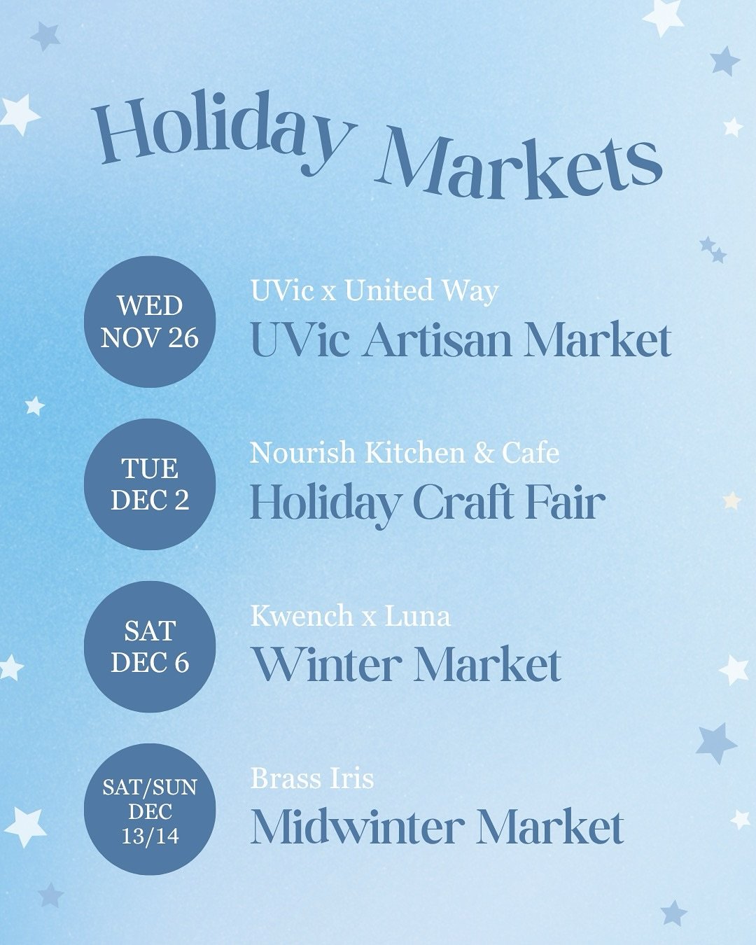 Here&rsquo;s where you&rsquo;ll find me for the rest of 2025 ⭐️🩵🕯️🪡

I&rsquo;ll be bringing new quilted bags, book sleeves + laptop sleeves to each market, plus ornaments, holiday cards, and stocking stuffers for everyone on your list! 💌

Hope to