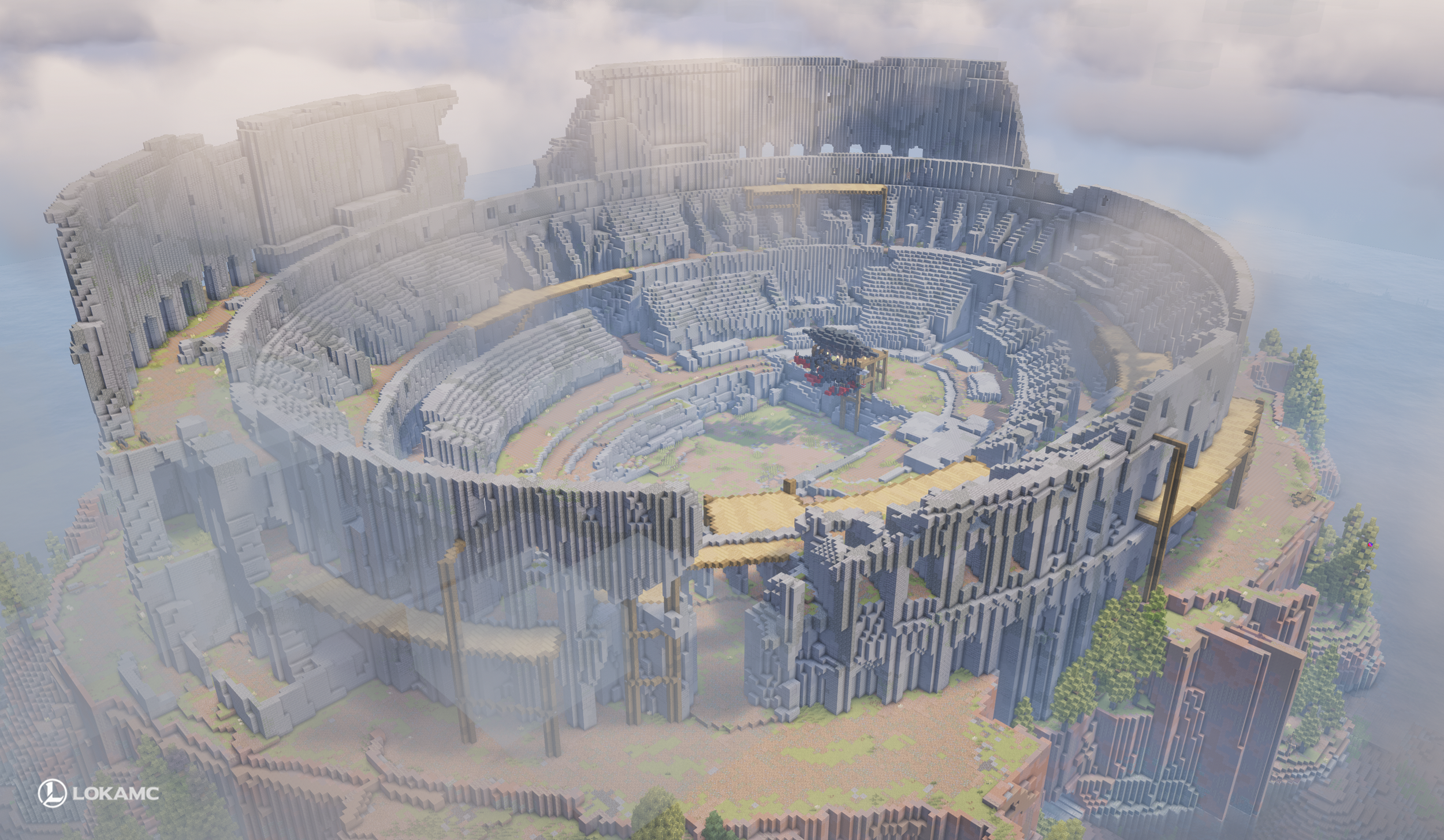 Elevated view of Colosseum showing tiered stone seating, wooden walkways, and the central arena.
