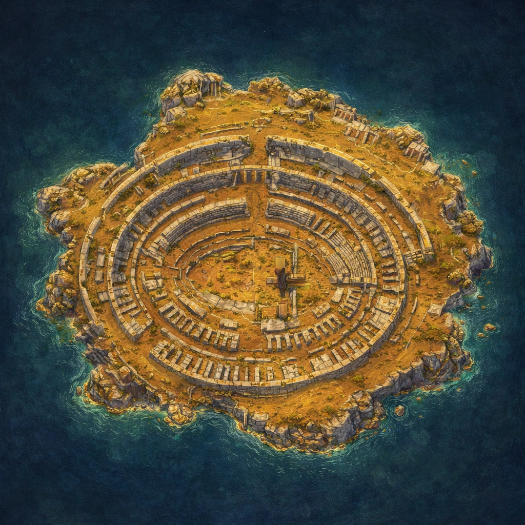 Illustrated overhead map of Colosseum’s concentric stone ruins and rocky shoreline.