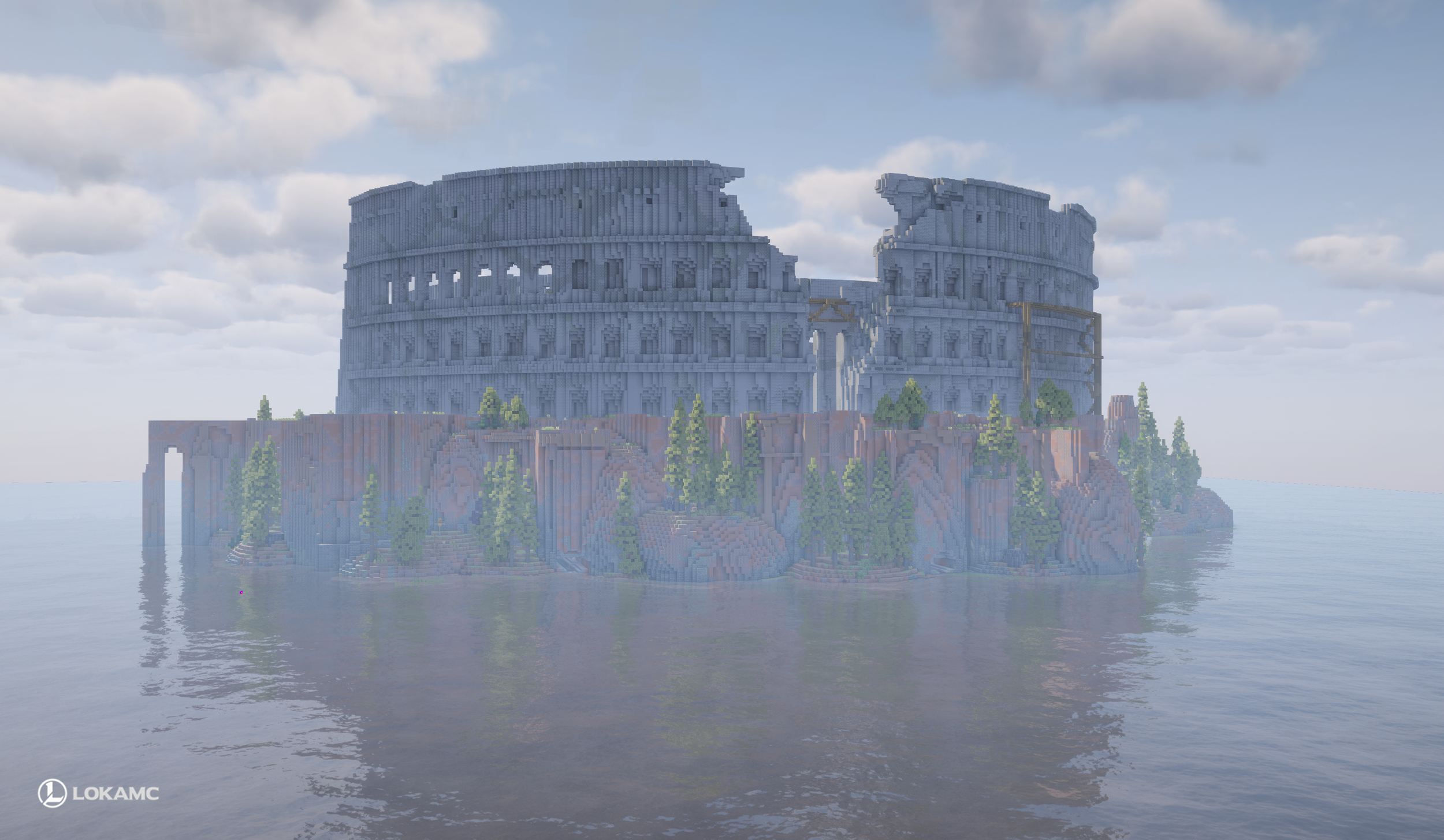 Colosseum’s ruined outer walls rise above a rocky, tree-lined island surrounded by water.