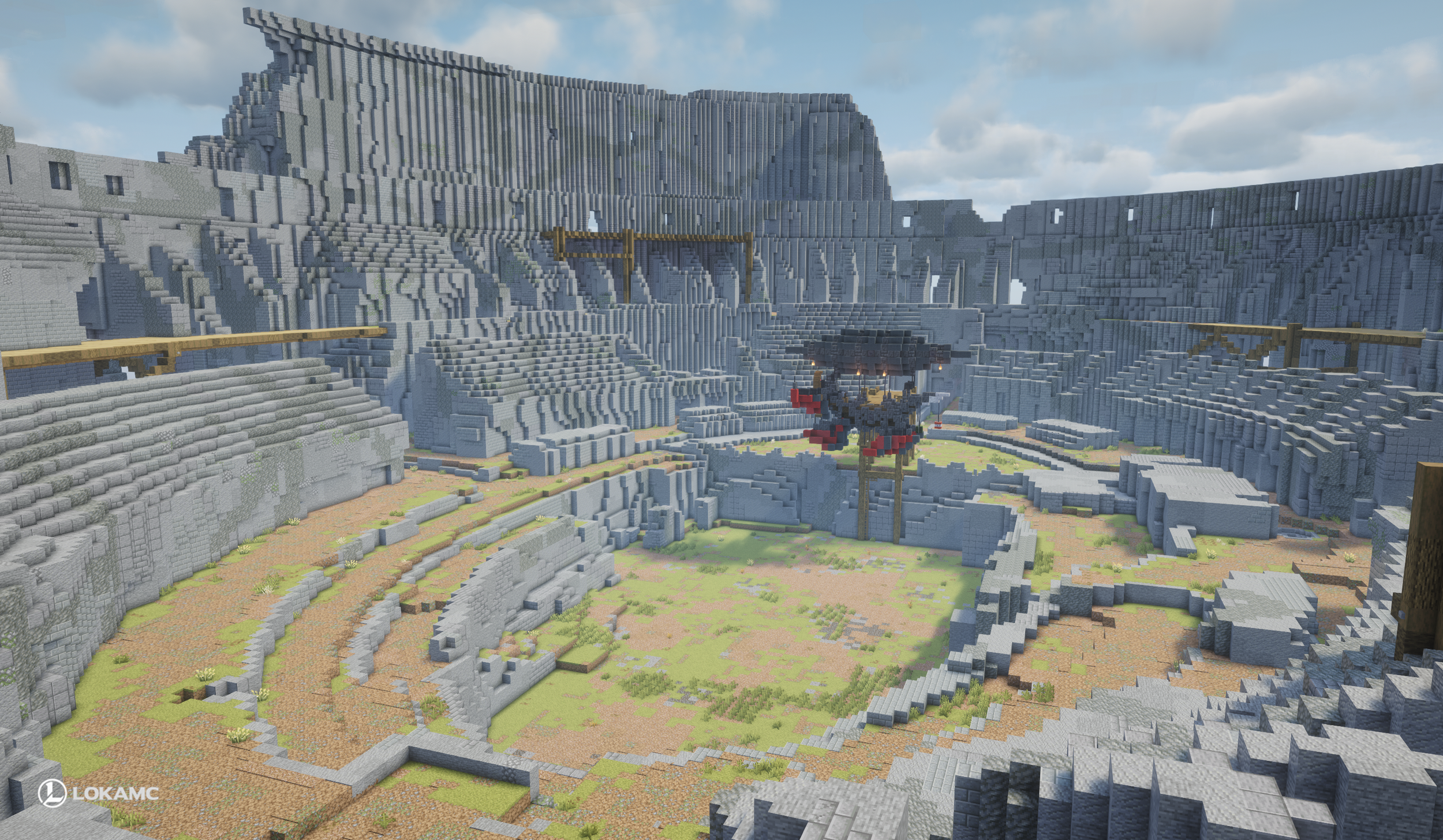 Colosseum’s open arena surrounded by broken stone terraces and elevated wooden walkways.