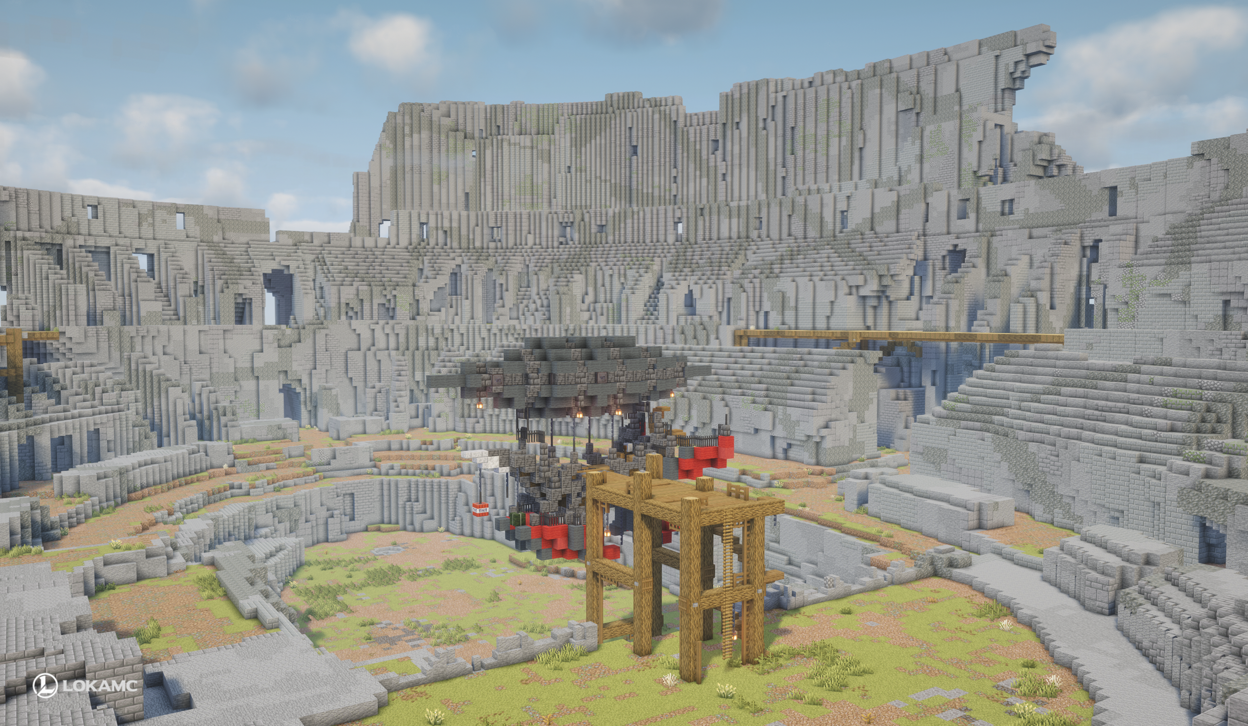 Wooden scaffolding and a suspended stone structure inside Colosseum’s ruined arena.
