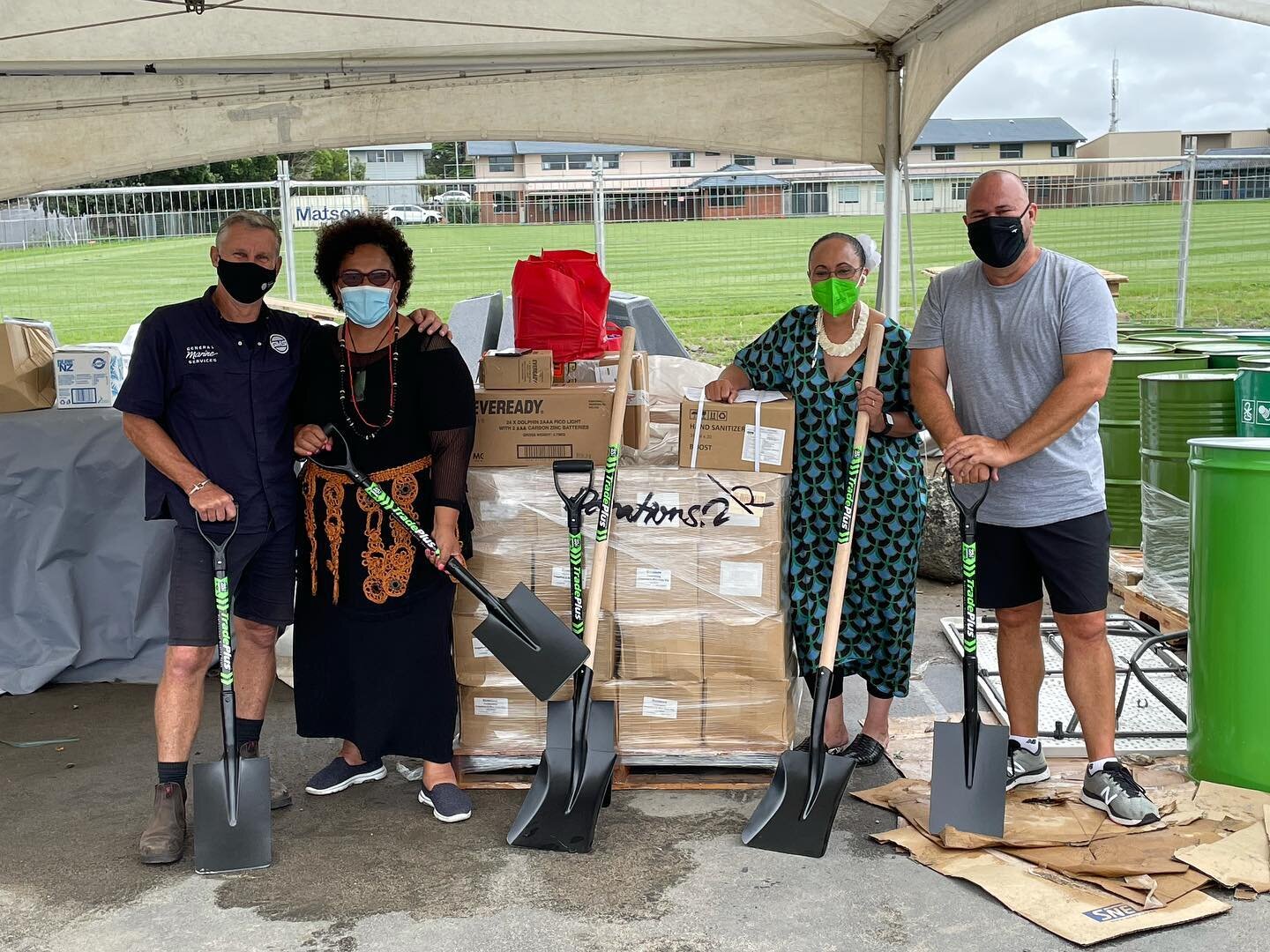 Another load of precious goods delivered to  the Aotearoa Tonga relief committee , chaired  by Hon Jenny Salesa MP and  Anahila Kanongata&rsquo;a-Suisuiki - MP . Thank you to Roy Chalton and General Marine Services for the shovels and  logistics by w