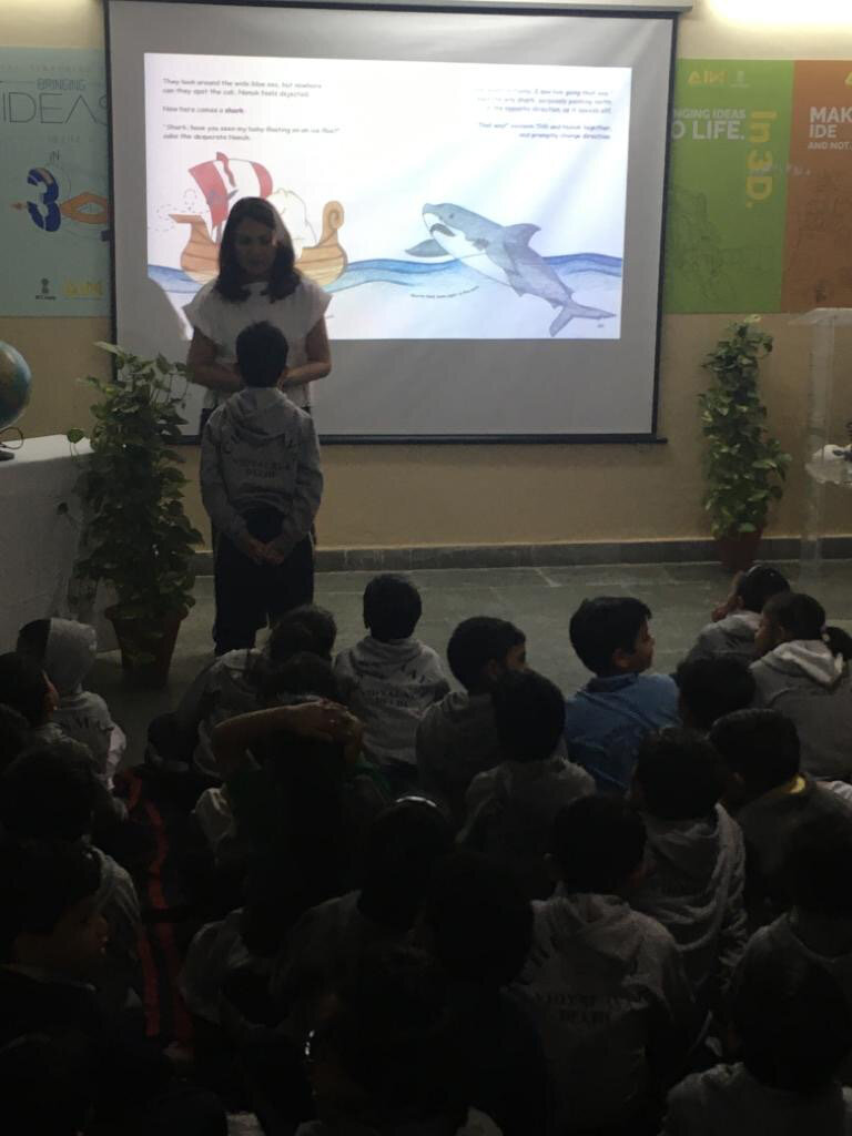 Coonoor Kripalani engaging with children at a reading of her latest children's book Going with the Floe - An Arctic Voyage at Chinmaya Vidyalaya.