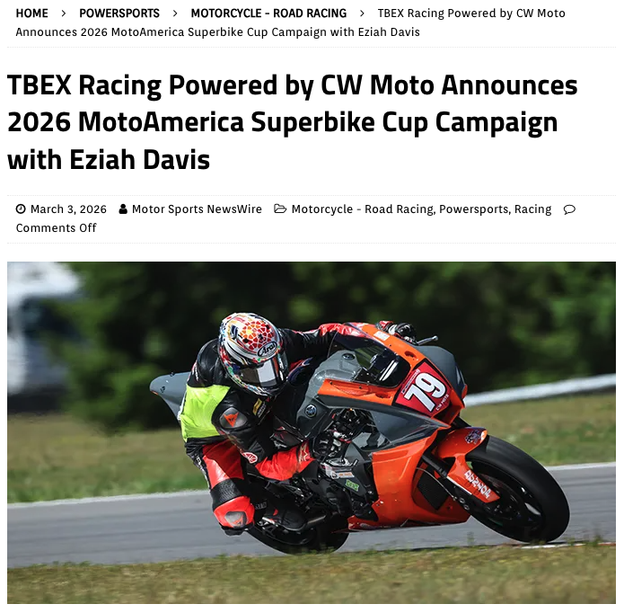 TBEX Racing Powered by CW Moto Announces 2026 MotoAmerica Superbike Cup Campaign with Eziah Davis