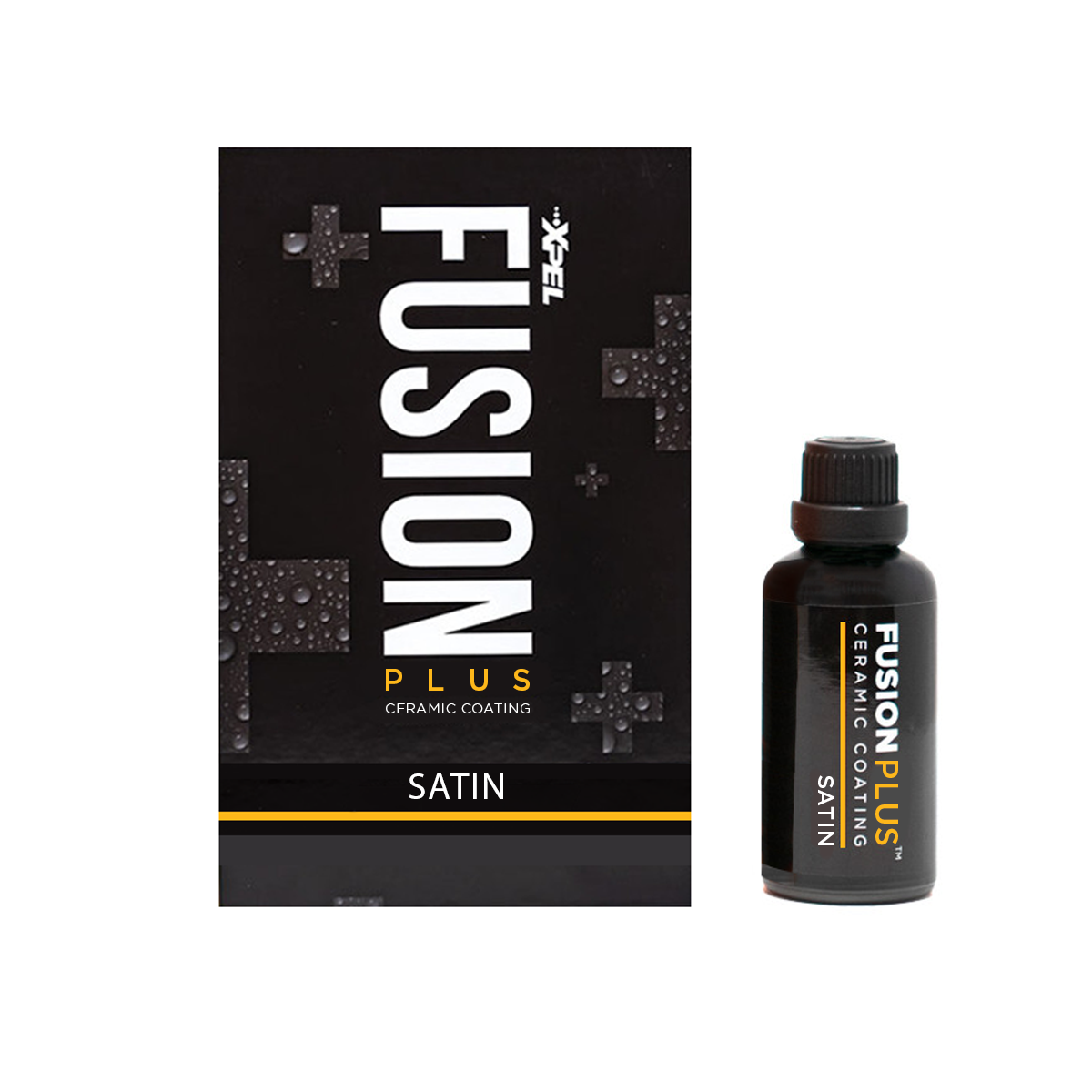A black box labeled 'FUSION PLUS' with white and yellow text, and a small black bottle labeled 'FUSION PLUS CERAMIC COATING SATIN' positioned beside it.