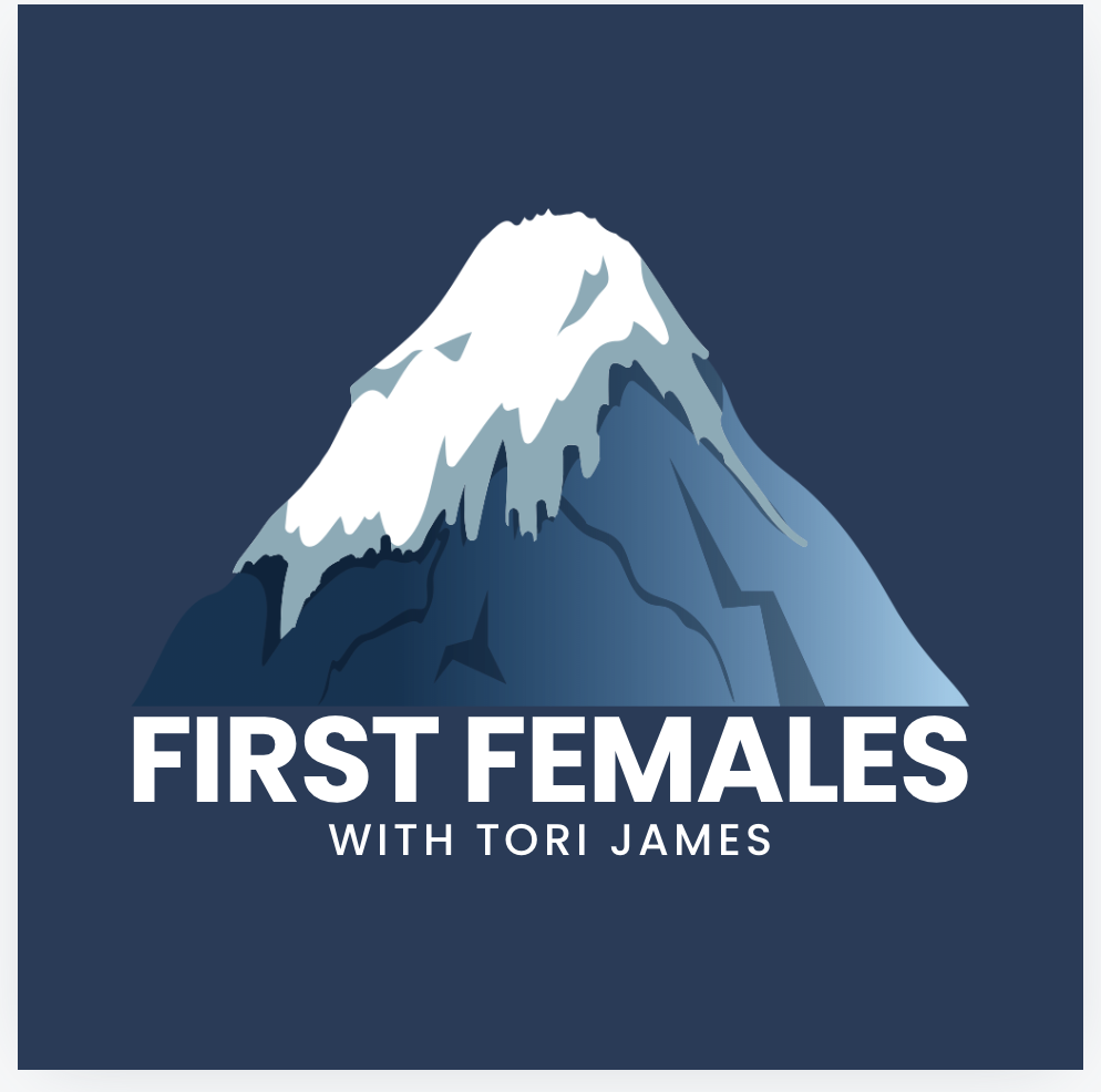Logo for First Females podcast, white text on a navy background, illustration of a mountain.