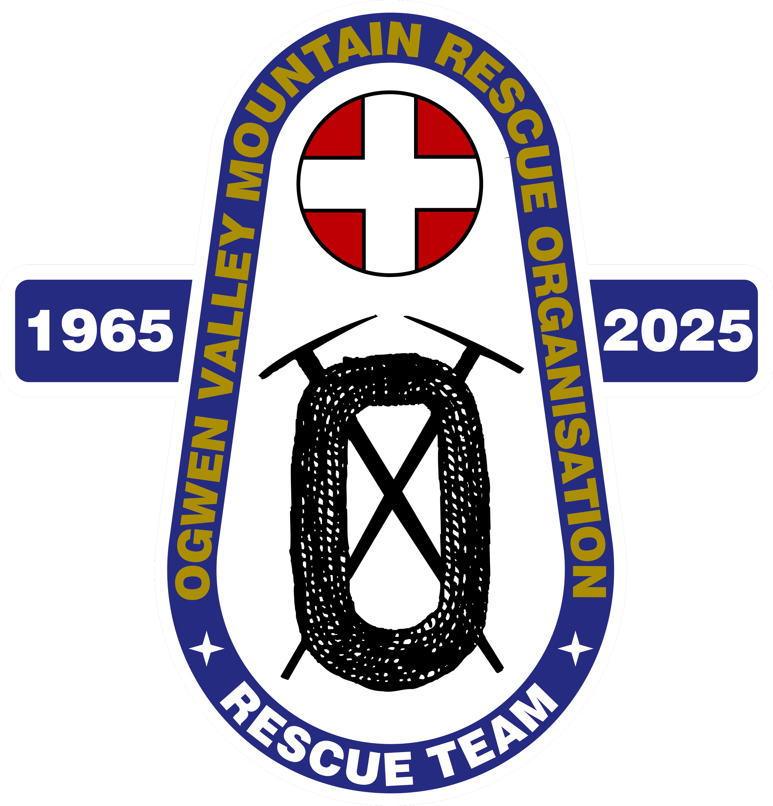 Mountain Rescue logo with a white background and navy and gold texts