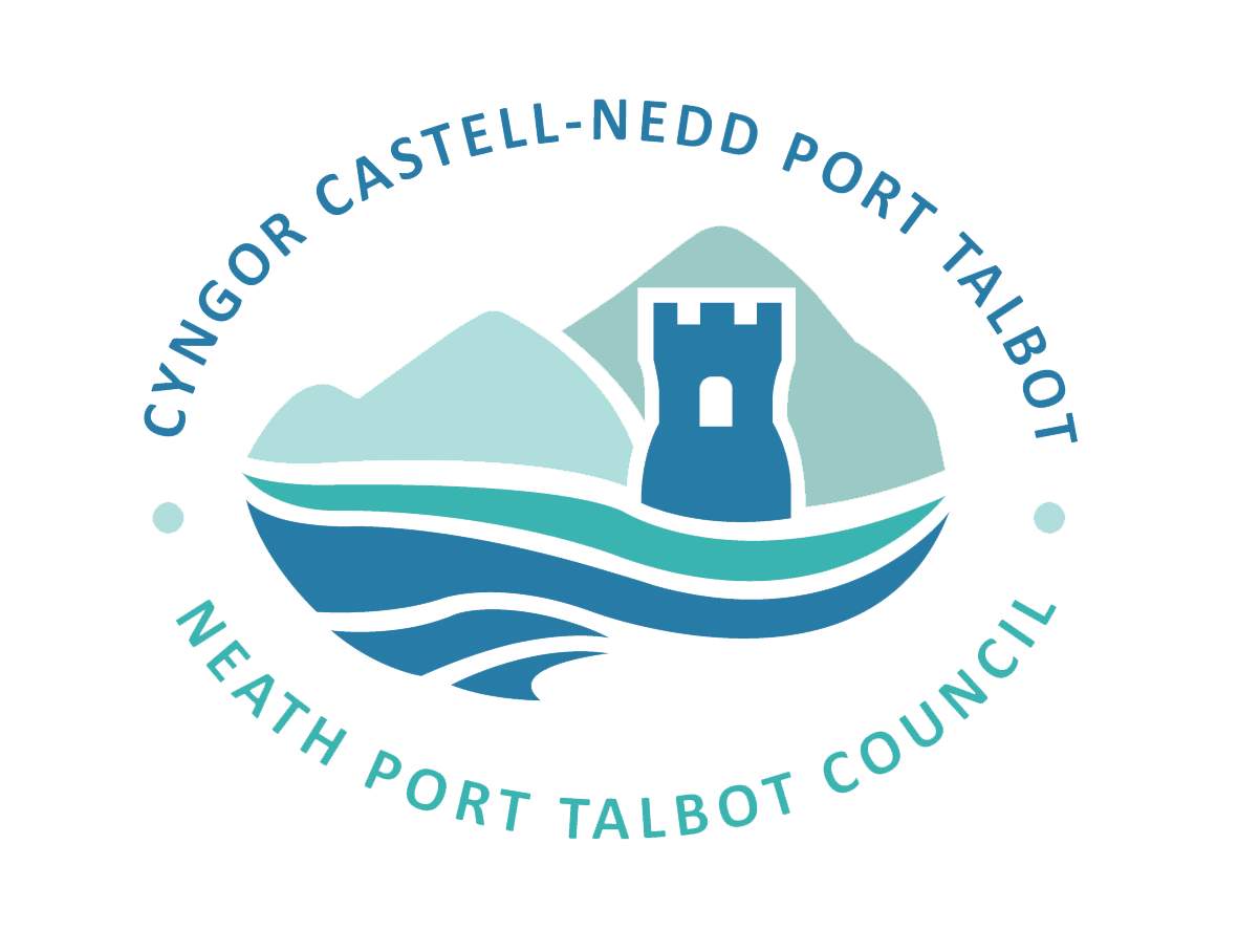 neath port talbot council logo with blue and teal text and an image of the sea with a castle and mountains