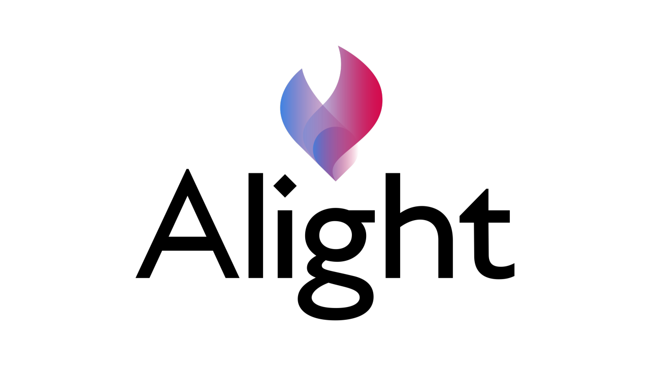 Alight logo with black text and purple and red graphic