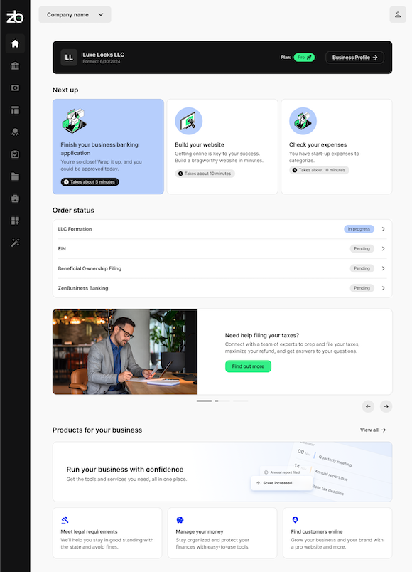 ZenBusiness Dahsboard