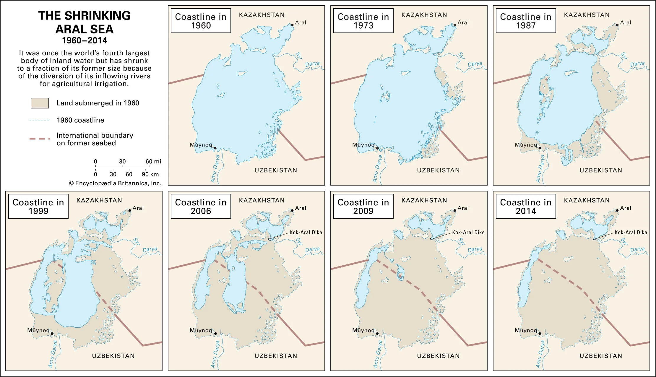 Shrinkage of the Aral Sea, 1960–2009.    Adapted from Philip Micklin, Western Michigan University