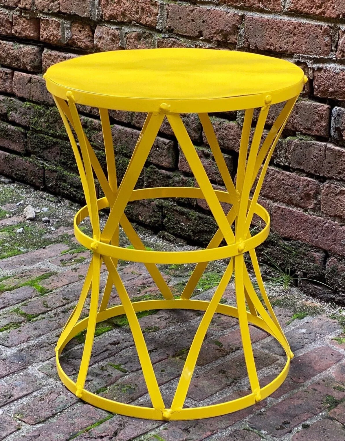 Strap Metal Canary Yellow Drum Table, 1960s