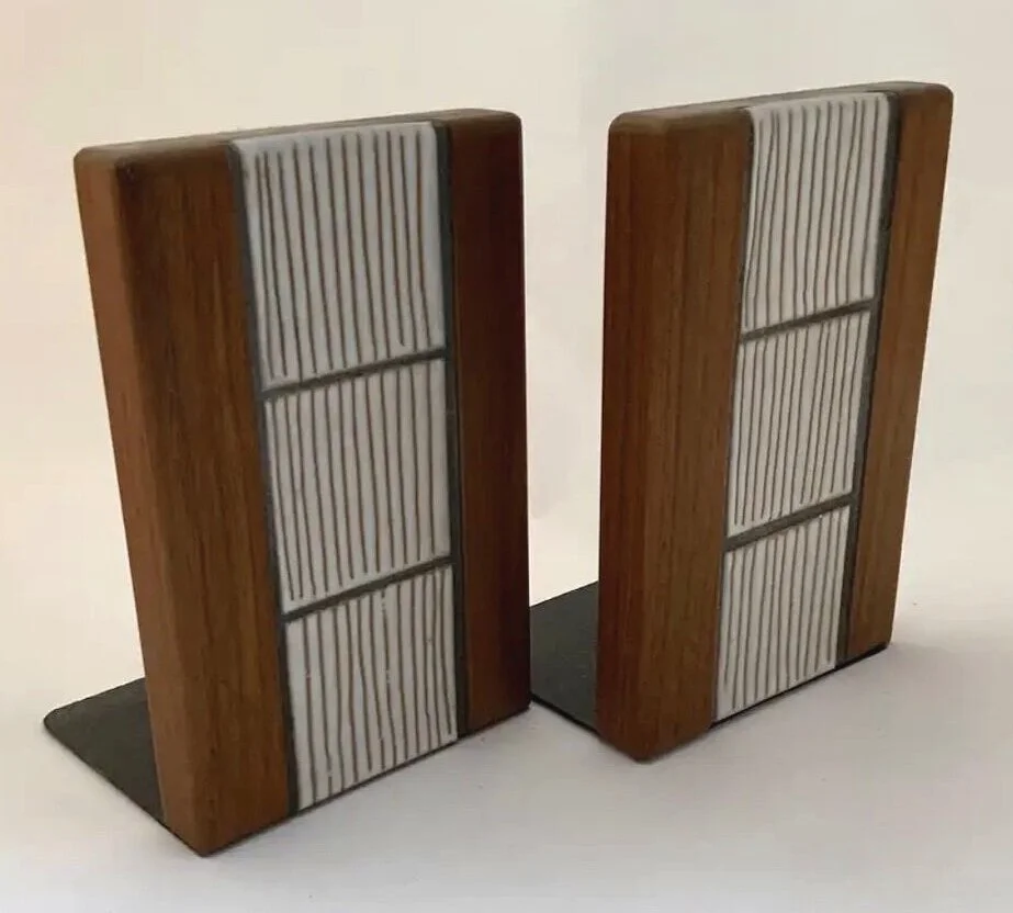 Pair of Walnut and Ceramic Bookends Marshall Studios
