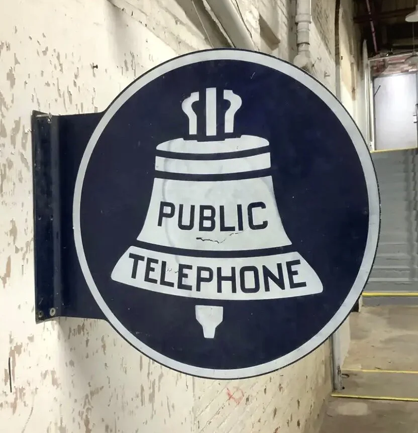 Double Sided 1940s Porcelain Enamel Public Phone Sign