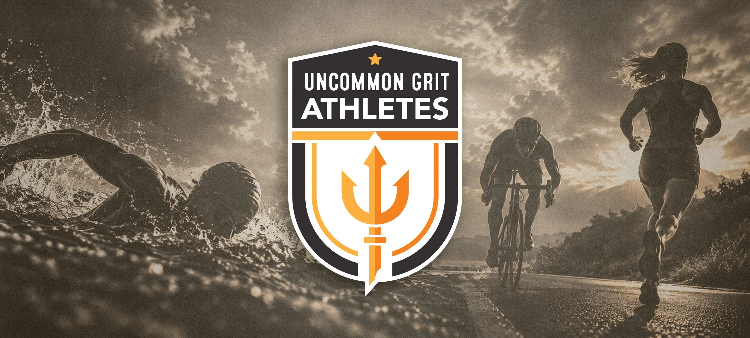 Uncommon Grit Athletes banner featuring a swimmer, cyclist, and runner