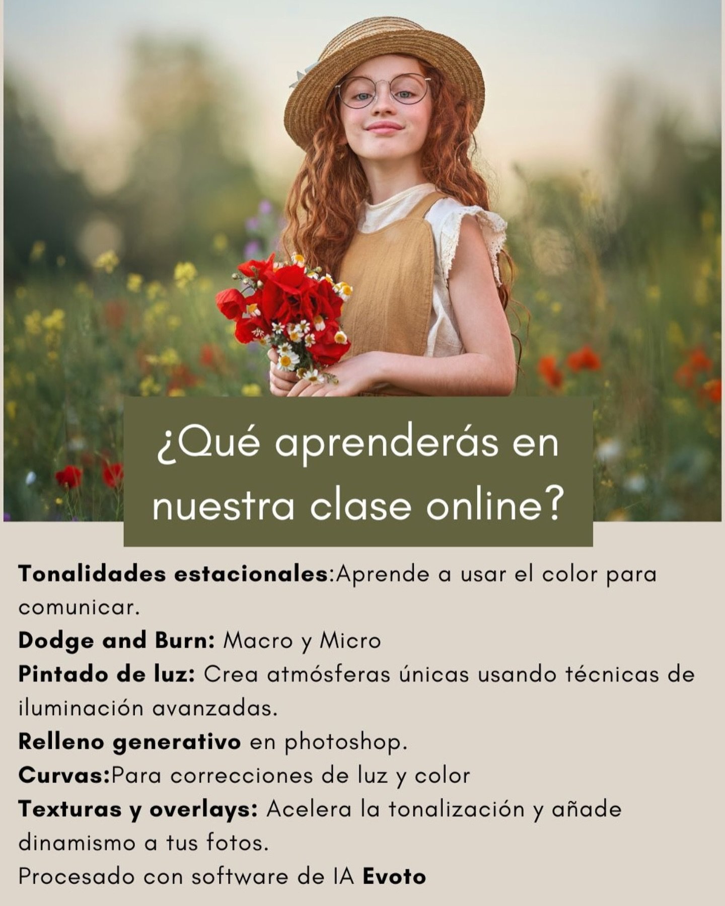 S&uacute;mate a nuestra Masterclass de edici&oacute;n online seasons y aprende  a editar seg&uacute;n cada estaci&oacute;n del a&ntilde;o🌞❄️

Desliza ➡️

📚&iquest;Qu&eacute; vas a aprender?

1️⃣ Tonalidades estacionales: ajusta el ambiente seg&uacu