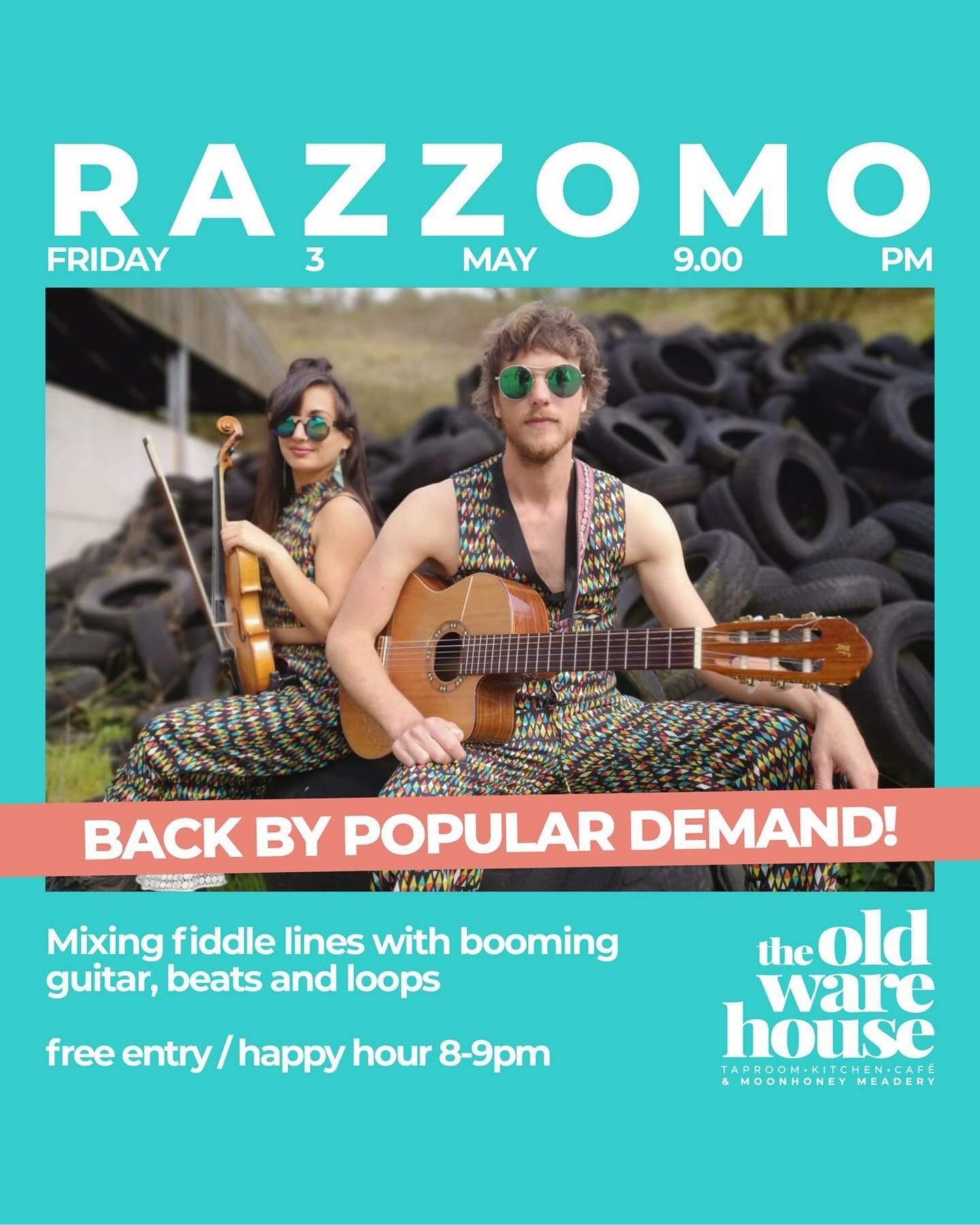 BACK BY POPULAR DEMAND!!

Razzomo are a Full Power Folk Duo mixing sizzling Klezmer, Balkan &amp; Irish fiddle lines with booming guitar beats and loops, and with more than enough energy to keep you dancing all night!

Both are members of festival fa