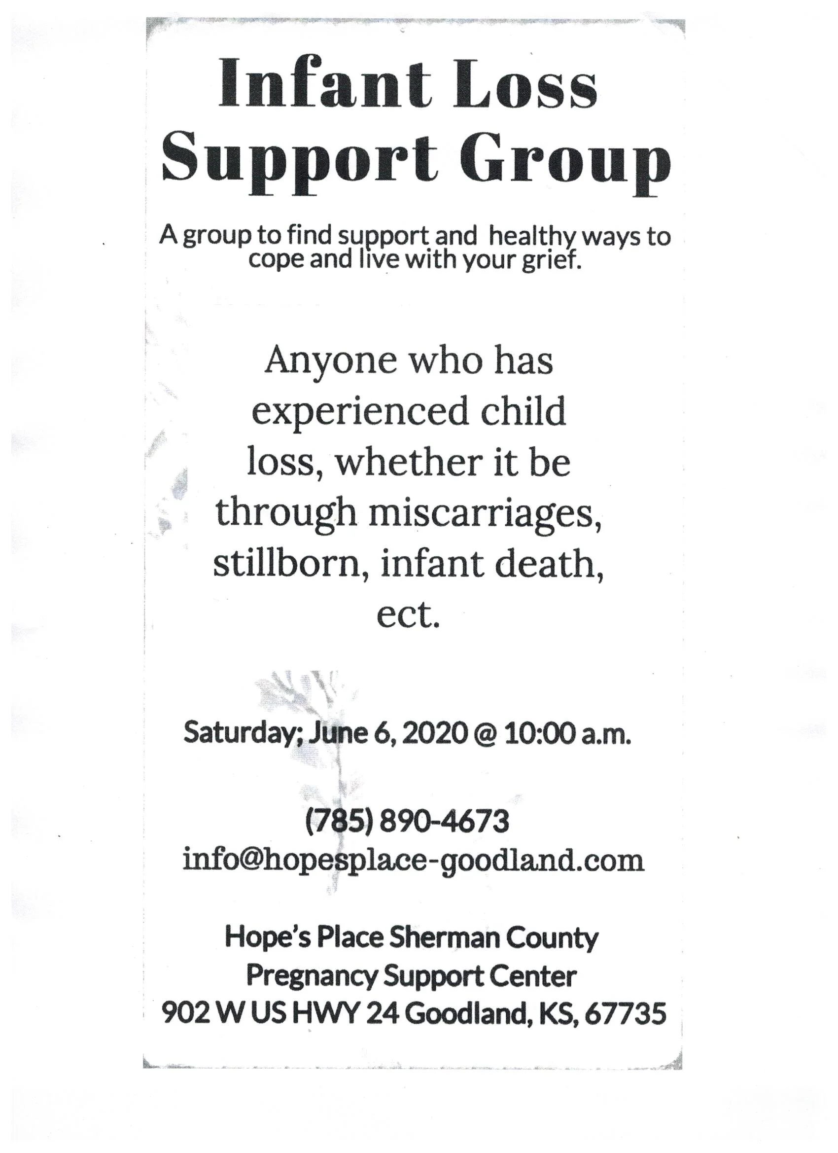 Infant loss Support Group @ Hopes place.  