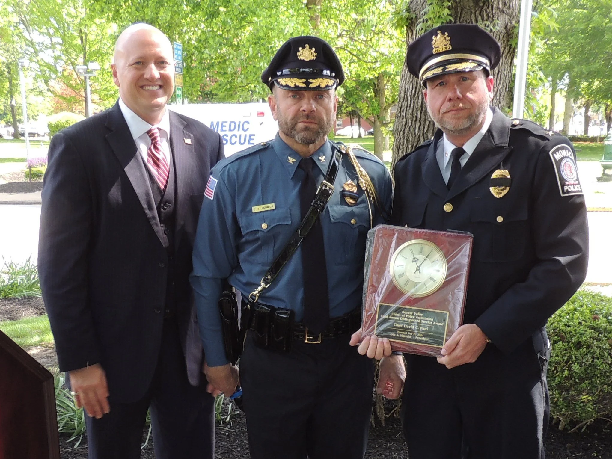 Nathan Bible (Beaver County District Attorney), Chief Eric Hermick (Chippewa Township Police Department &amp; President, Beaver Valley Chiefs of Police), Award Recipient: Chief David C. Piuri (Monaca Borough Police Department). 