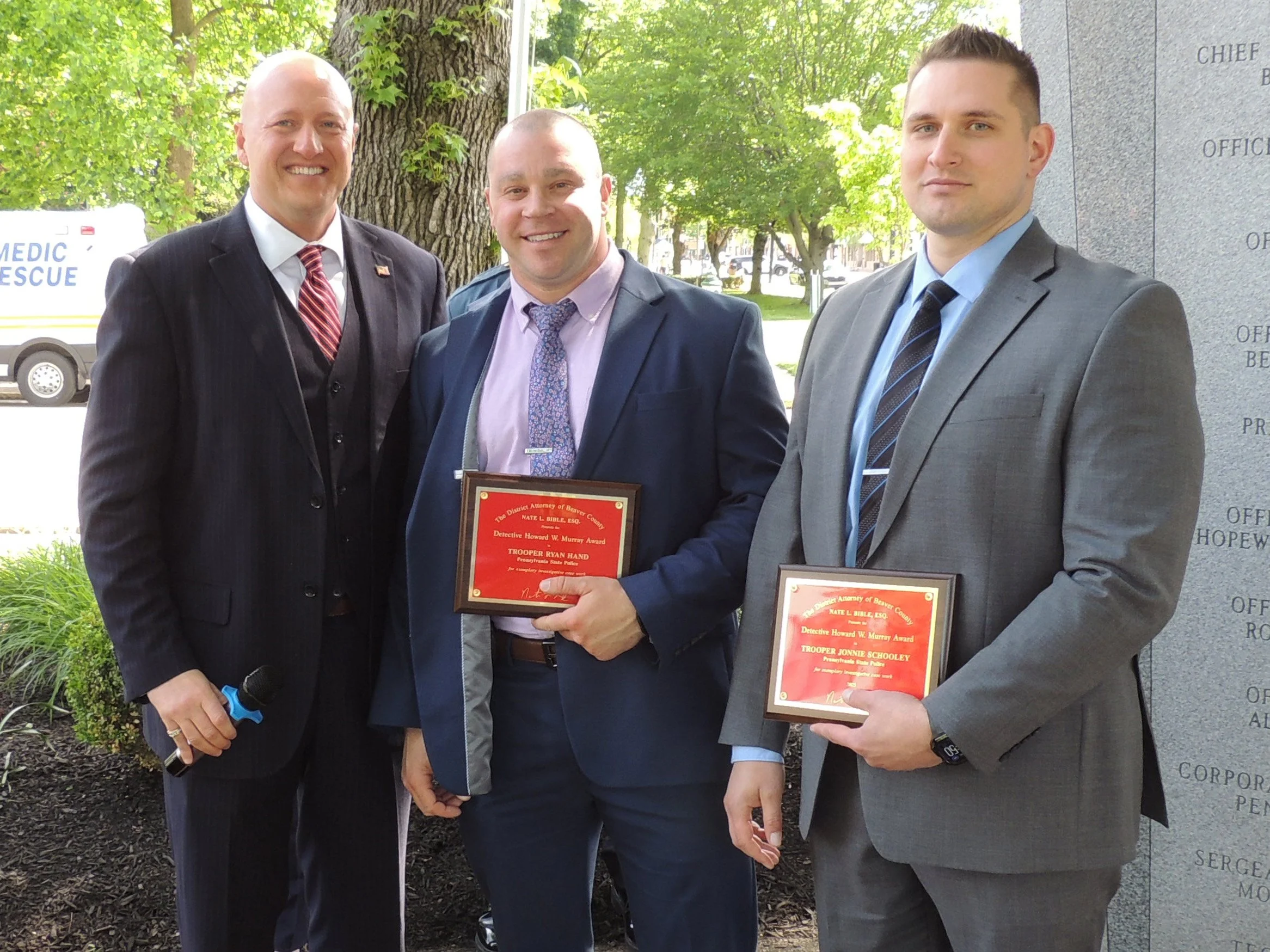  Nathan Bible (Beaver County District Attorney) presented Trooper Jonnie Schooley and Trooper Ryan Hand (both from PA State Police) with the Detective Howard Murray Award. 