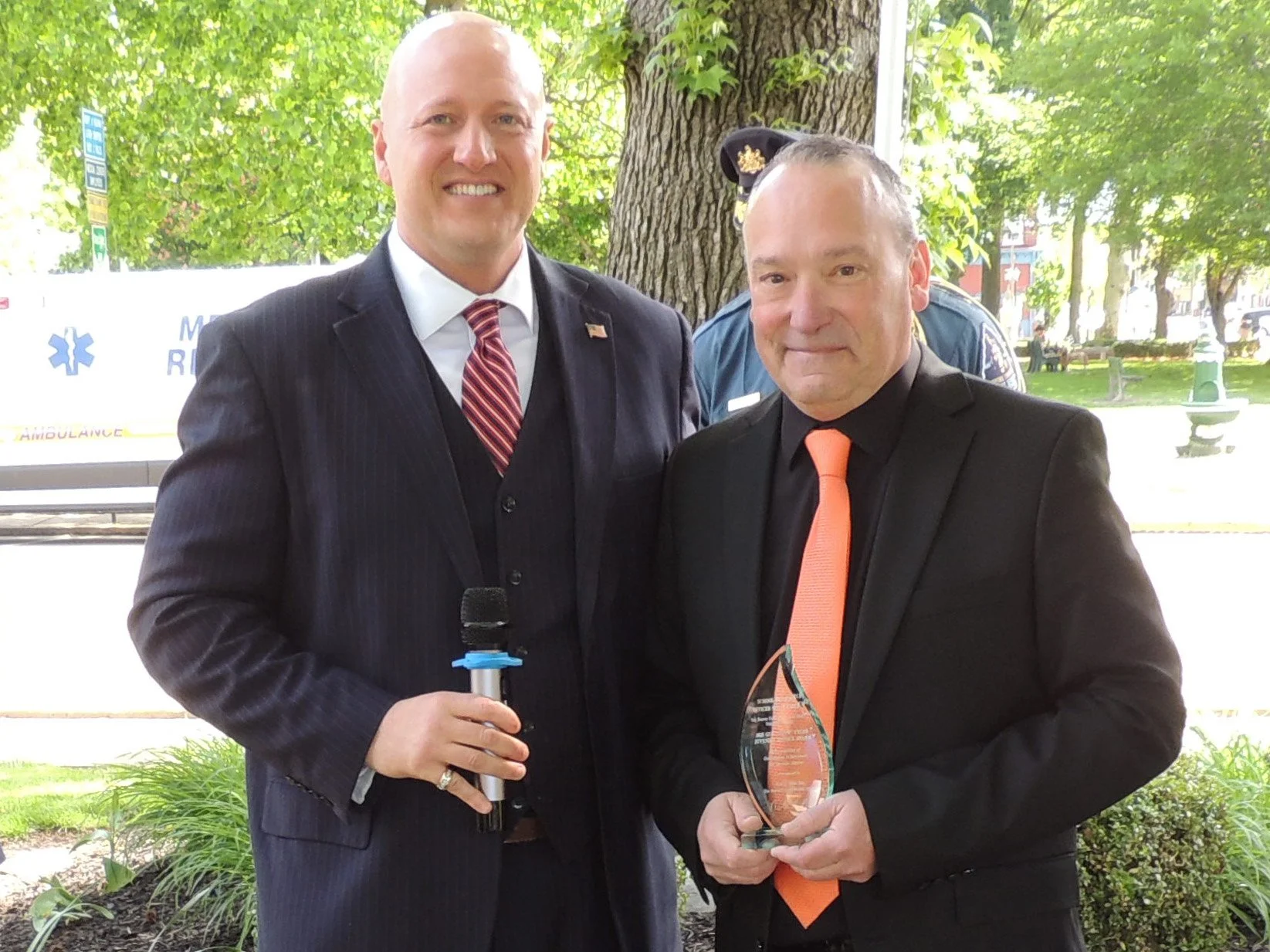  Nathan Bible (Beaver County District Attorney) presented School Resource Officer Scott Chichy (Big Beaver Falls Area School District Police Department) with the Sergeant Guy “Tippy” Tyler Award. 