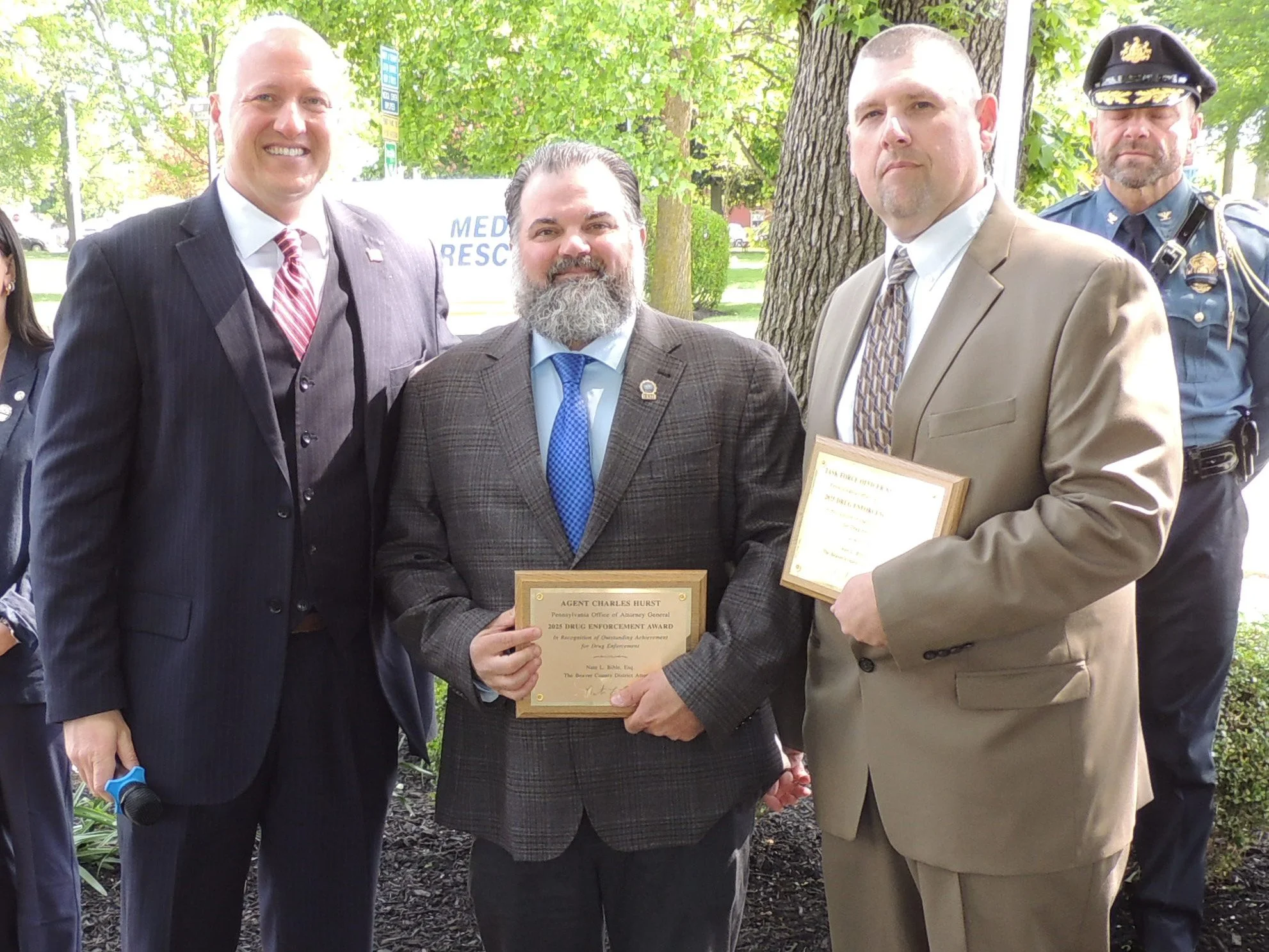  Nathan Bible (Beaver County District Attorney) presented Agent Charles Hurst  and Task Force Officer Keith Girting (both, PA Office of Attorney General) with the Drug Enforcement Award.  Not pictured:  Agent Eric K. Duble (Drug Enforcement Administr