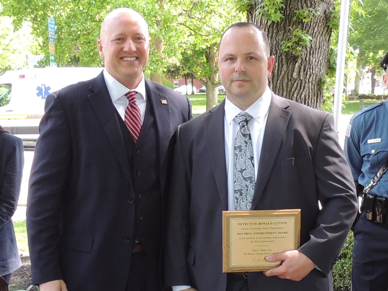  Nathan Bible (Beaver County District Attorney) presented Detective Ronald Lutton (Center Township Police Department) with the Drug Enforcement Award. 