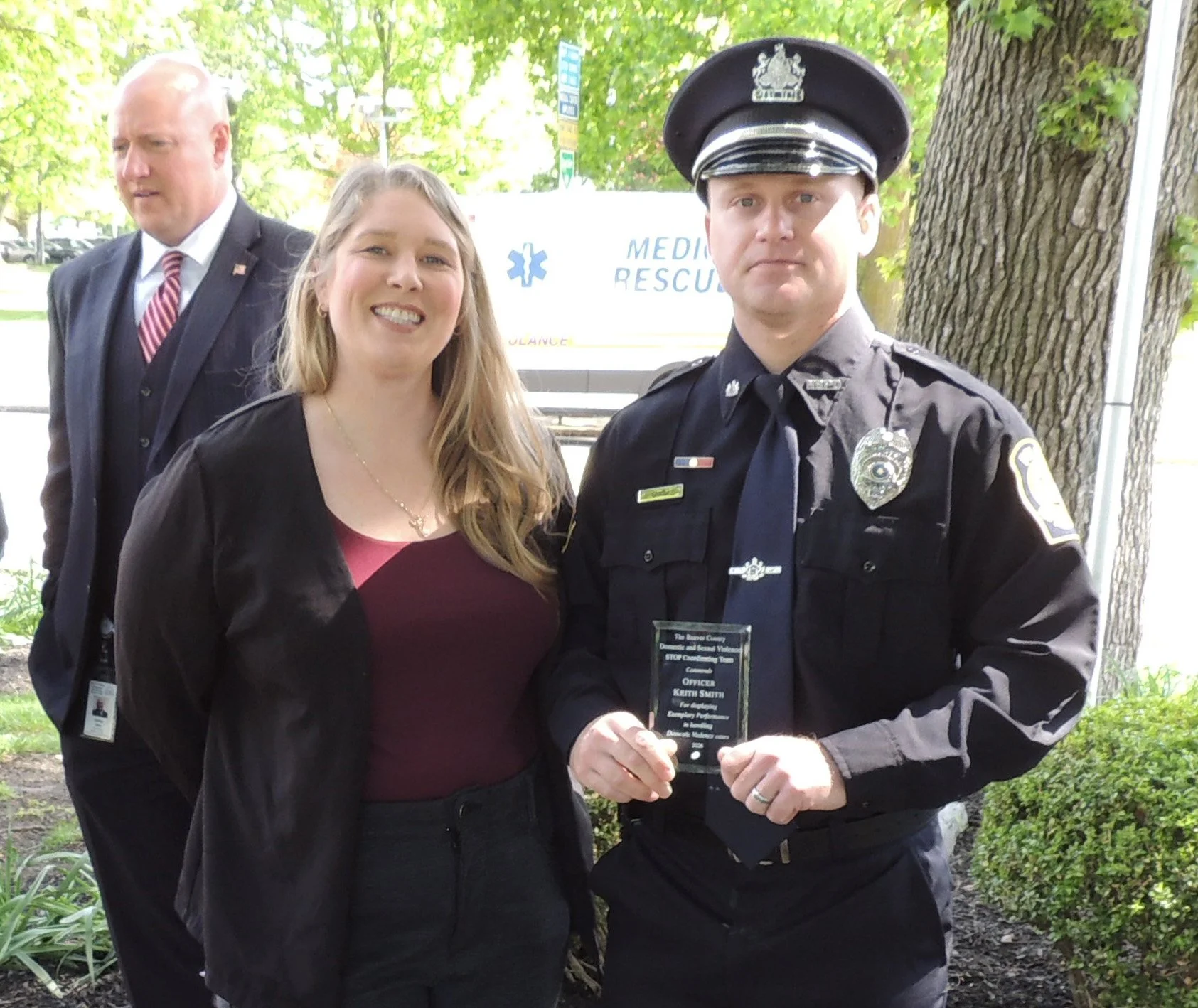  Kelly Derbaum (Beaver County STOP Coordinating Team) presented Officer Keith Smith (New Brighton Police Department) an award for outstanding performance in handling Domestic Violence cases. 