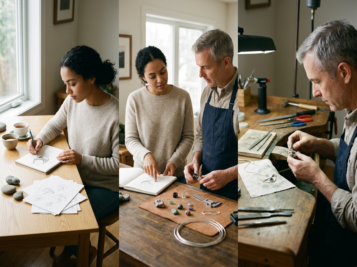 Sequence showing a woman sketching jewelry ideas, a woman and a man discussing jewelry designs with stones and tools, and a man crafting jewelry with tools in a workshop.
