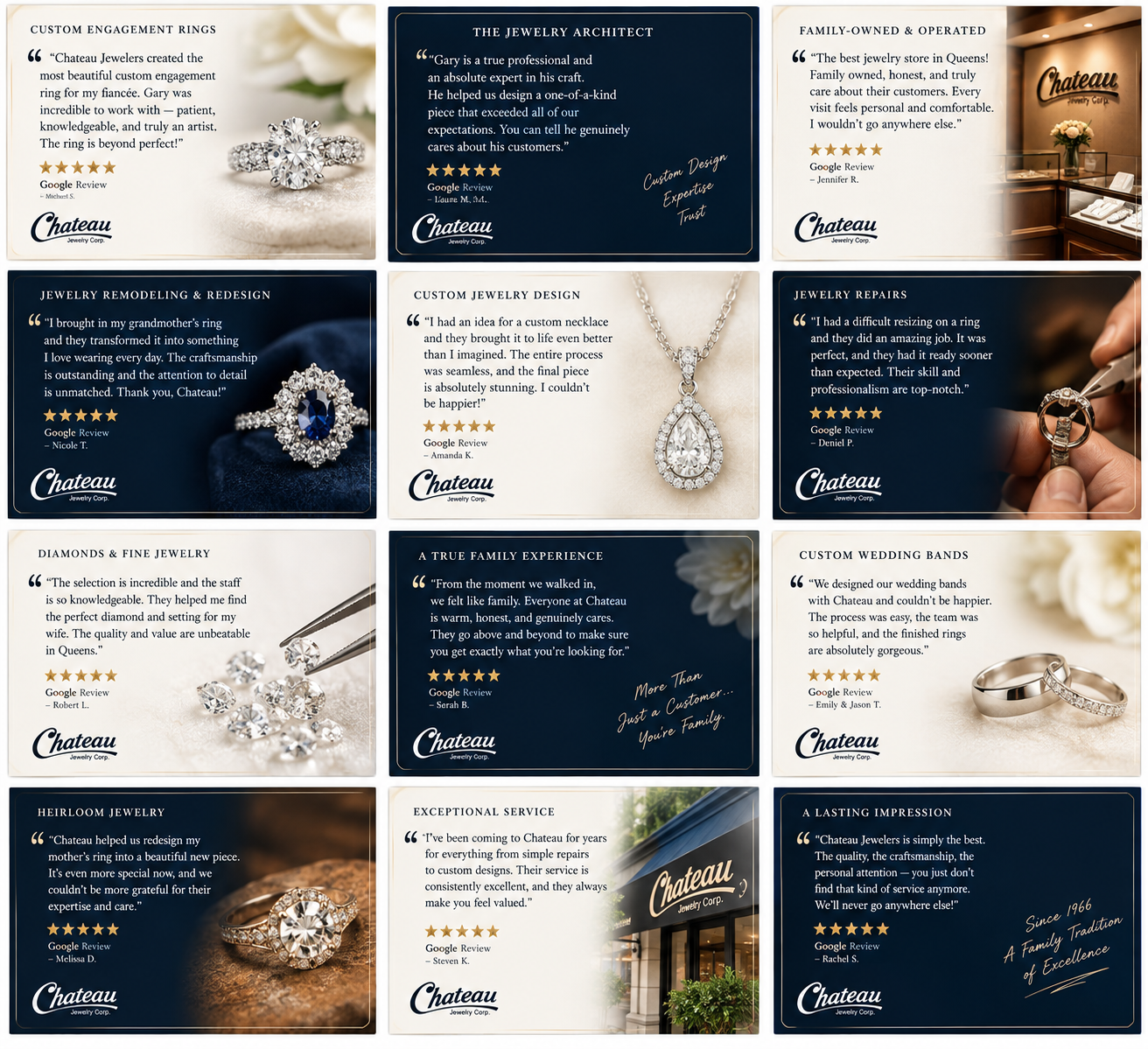 Collage of Tiffany-style jewelry and decor with customer reviews, showcasing engagement rings, necklaces, wedding bands, and jewelry store interior, emphasizing craftsmanship and customer service. Displaying great reviews, Top rated jeweler in Queens