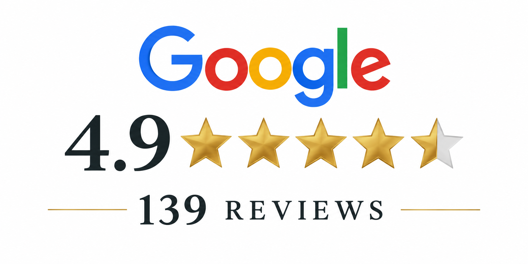 Google logo with a 4.9-star rating based on 139 reviews, featuring five stars, four gold and one silver.