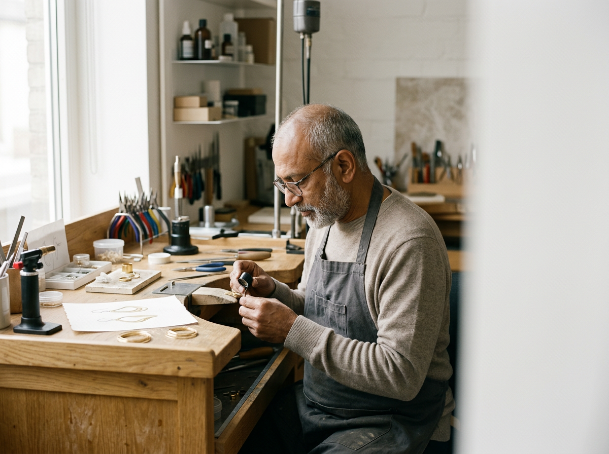 A middle-aged man with gray hair and glasses working on jewelry at a wooden workbench in a well-lit workshop.