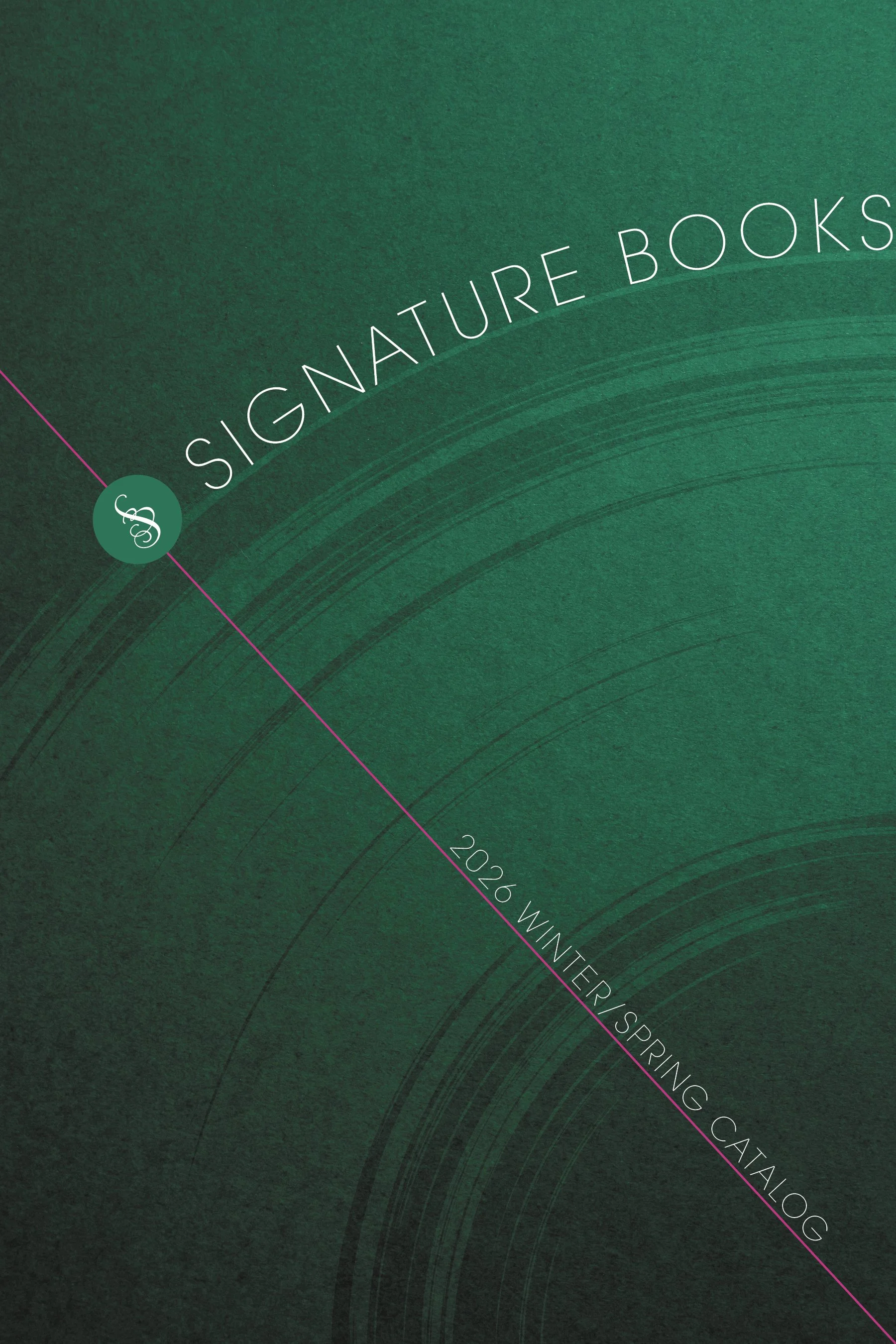 Cover of the 2026 winter/spring book catalog titled "Signature Books" with a green textured background, a pink diagonal line, and text indicating the catalog is for winter/spring 2026.