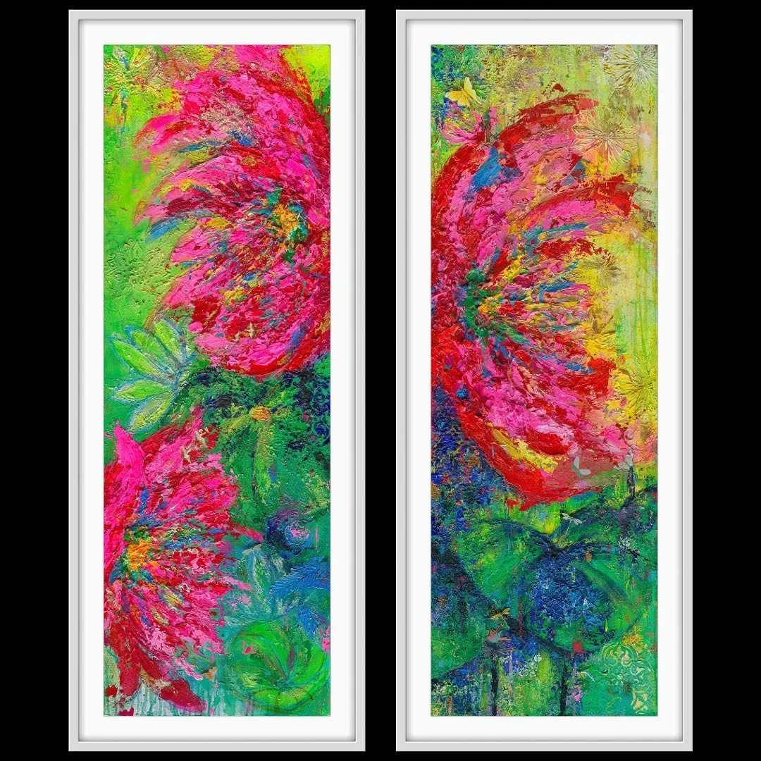 &lsquo;BURSTING BEAUTY&rsquo; and &lsquo;STARLIGHT STORY&rsquo; - Original Mixed Media on Canvas 130cm x 45cm⁣
⁣⁣
𝘚𝘵𝘦𝘱 𝘪𝘯𝘵𝘰 𝘵𝘩𝘦 𝘦𝘯𝘤𝘩𝘢𝘯𝘵𝘪𝘯𝘨 𝘸𝘰𝘳𝘭𝘥 𝘰𝘧 &lsquo;𝘉𝘭𝘰𝘴𝘴𝘰𝘮&rsquo; &ndash; 𝘢 𝘤𝘦𝘭𝘦𝘣𝘳𝘢𝘵𝘪𝘰𝘯 𝘰𝘧 𝘭𝘰𝘷