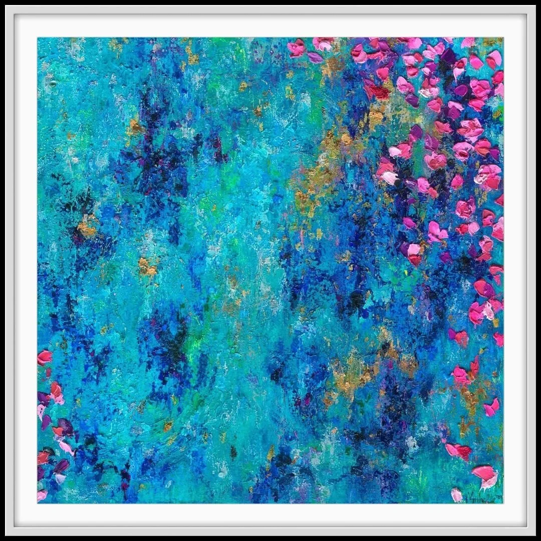 &lsquo;𝐀𝐪𝐮𝐚 𝐑𝐞𝐟𝐥𝐞𝐜𝐭𝐢𝐨𝐧𝐬&rsquo; - 100cm x 100cm - Mixed Media on Canvas by Mishell Leong⁣
⁣
This exquisite mixed media artwork from Mishell&rsquo;s latest solo exhibition comes paired with a poem of inspiration by Mishell along with a m