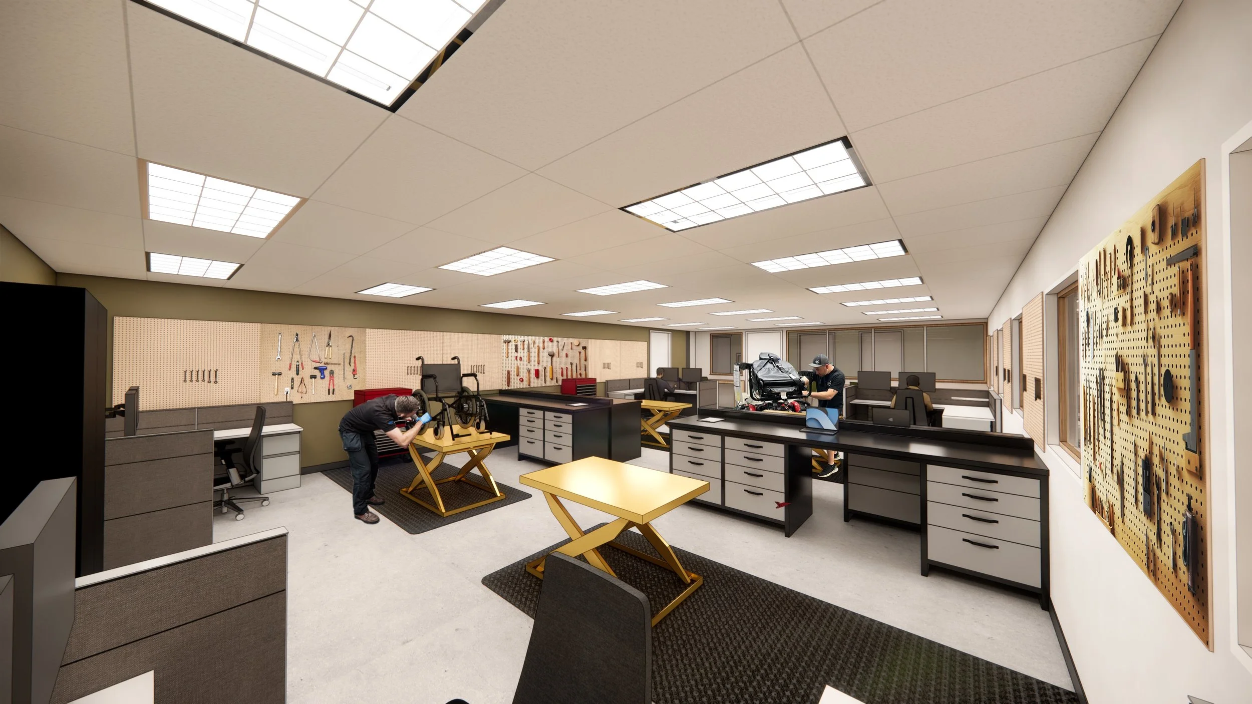 A graphic rendering of wheelchair technician area with lots of tools stored on the wall. A person is working on a wheelchair in the middle of the space.