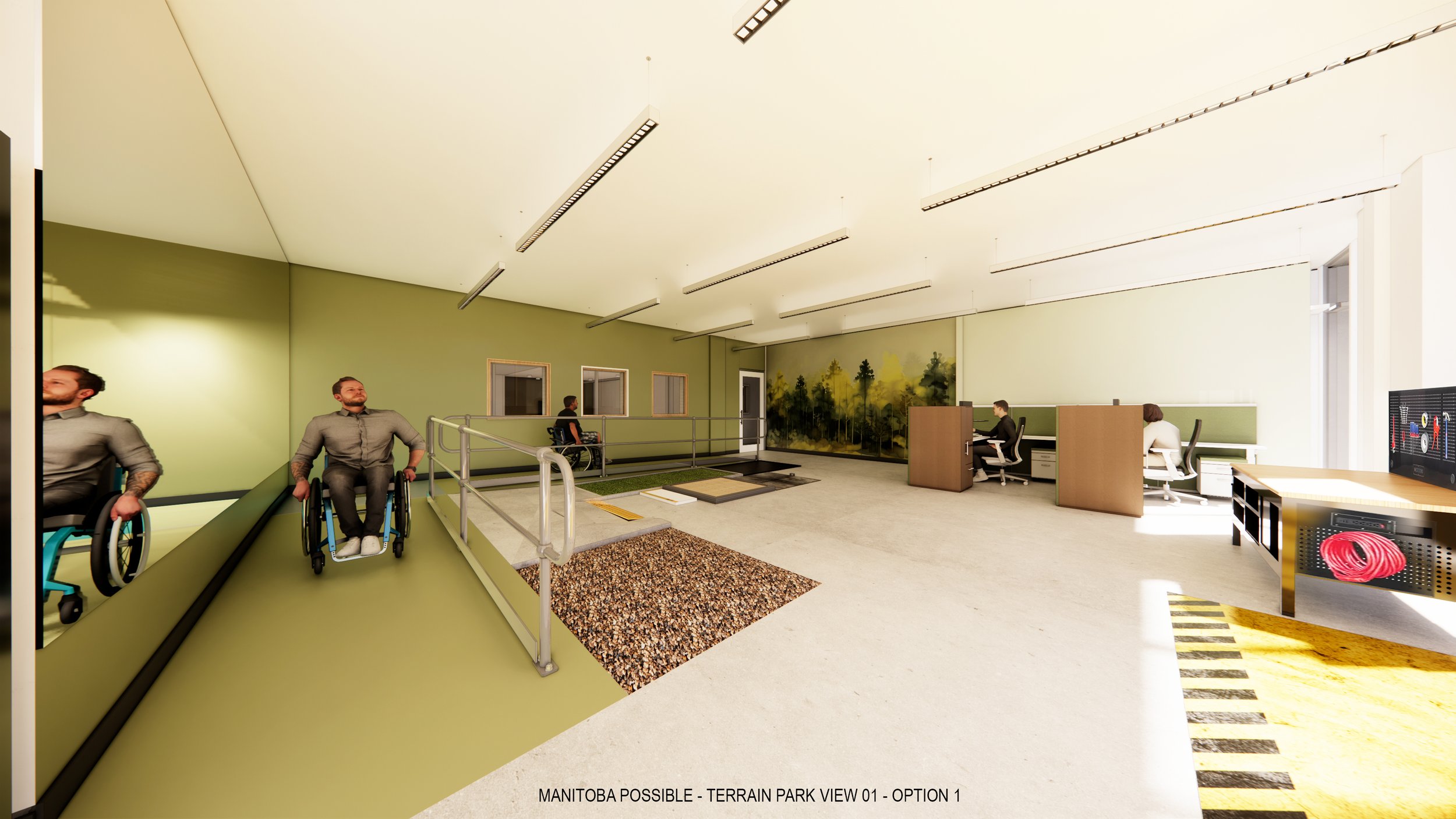 A graphic rendering of a terrain park. Wheelchair users are moving along a large ramp that spans two walls. on the floor beside it are different floor types and desks with people working.