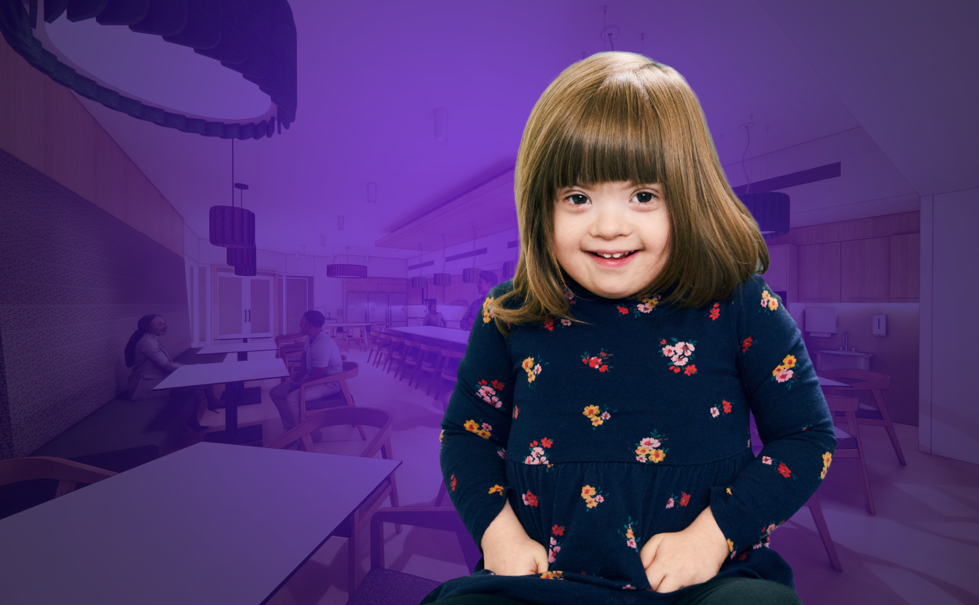 A young girl about 4 years smiles for a photo. She has shoulder length light brown hair and is wearing a dress with flowers.