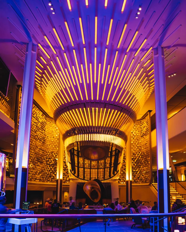 Celebrity Cruises ship interior, illuminated lounge lighting design, Horizon Magazine editorial