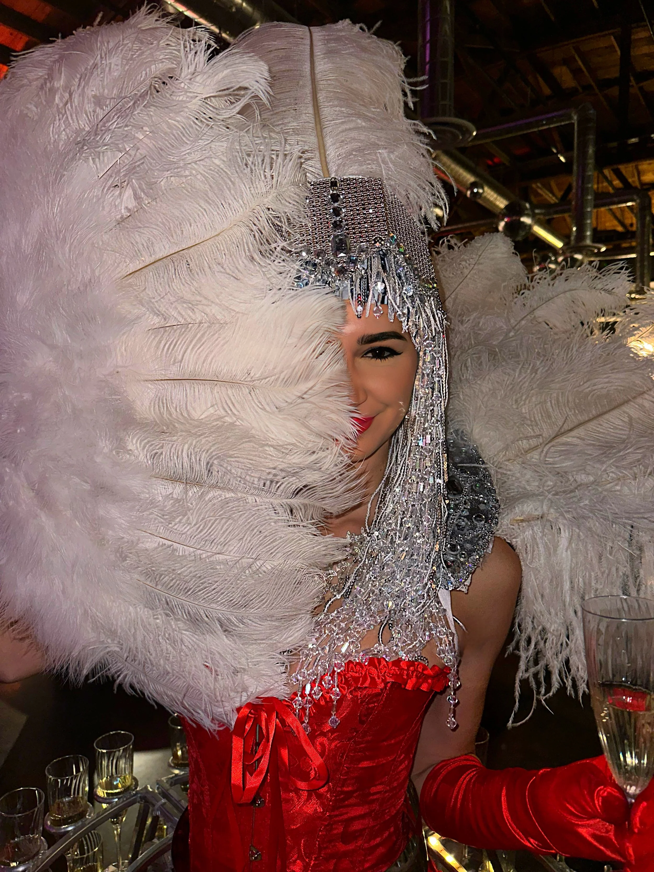 Person dressed in a flamboyant costume with white feathered headpiece, red satin attire, and sparkling embellishments, holding a glass.