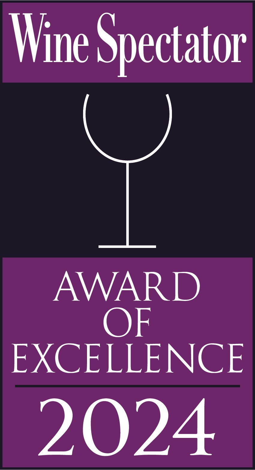 Purple and black award poster for Wine Spectator's 2024 Award of Excellence, featuring a stylized wine glass outline.