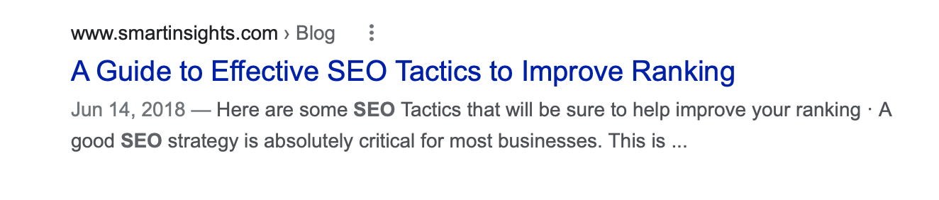 An example of a snippet, which includes the title tag and description tag