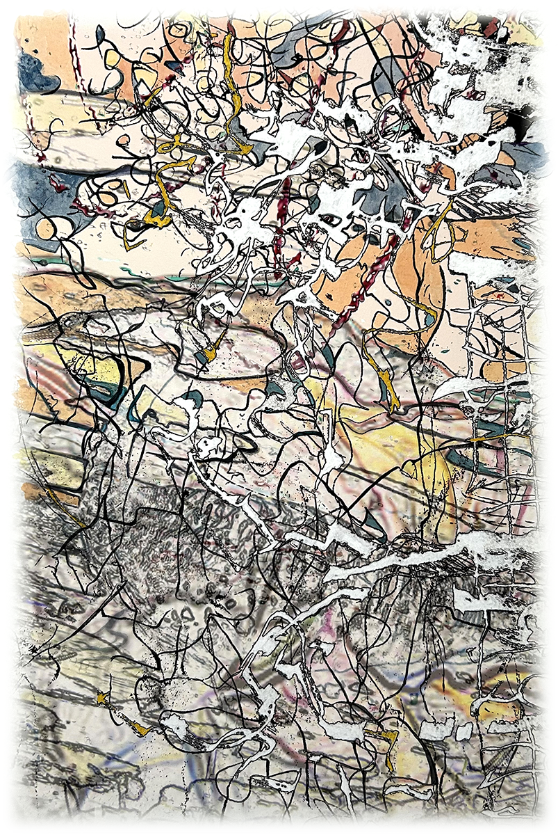Through Protections, 2025, 12"x18", Digital Collage with Mixed Media on Bamboo Rag Paper