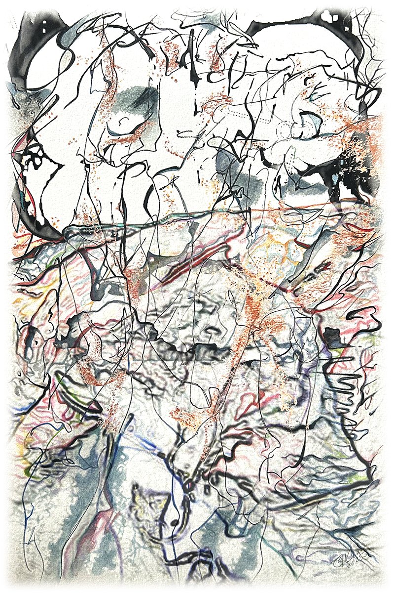Walking, Wandering 2025, 12"x18", Digital Collage with Mixed Media on Bamboo Rag Paper