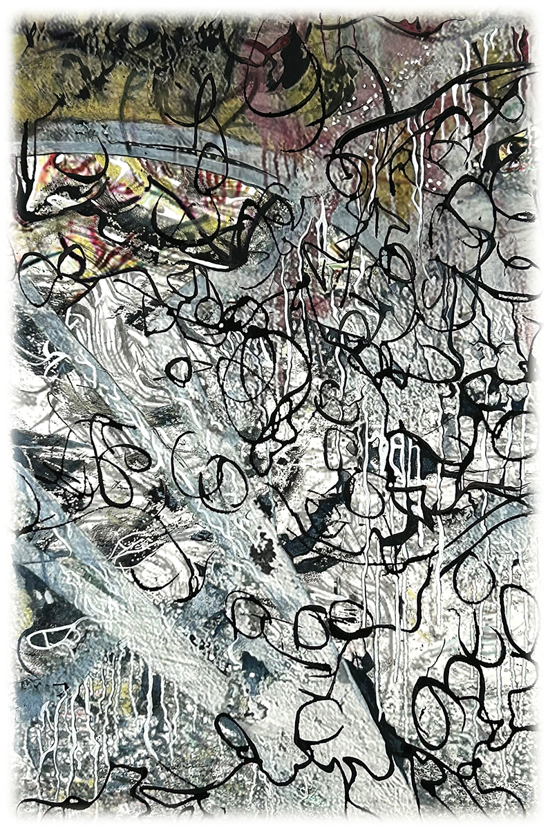 Watchout, 2025, 12"x18", Digital Collage with Mixed Media on Bamboo Rag Paper