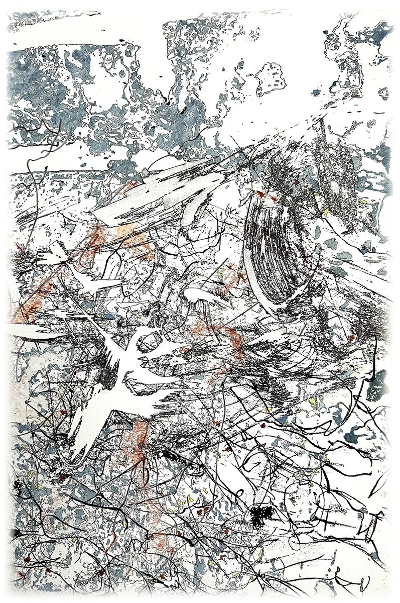 Cascade, 2025, 12"x18", Digital Collage with Mixed Media on Bamboo Rag Paper